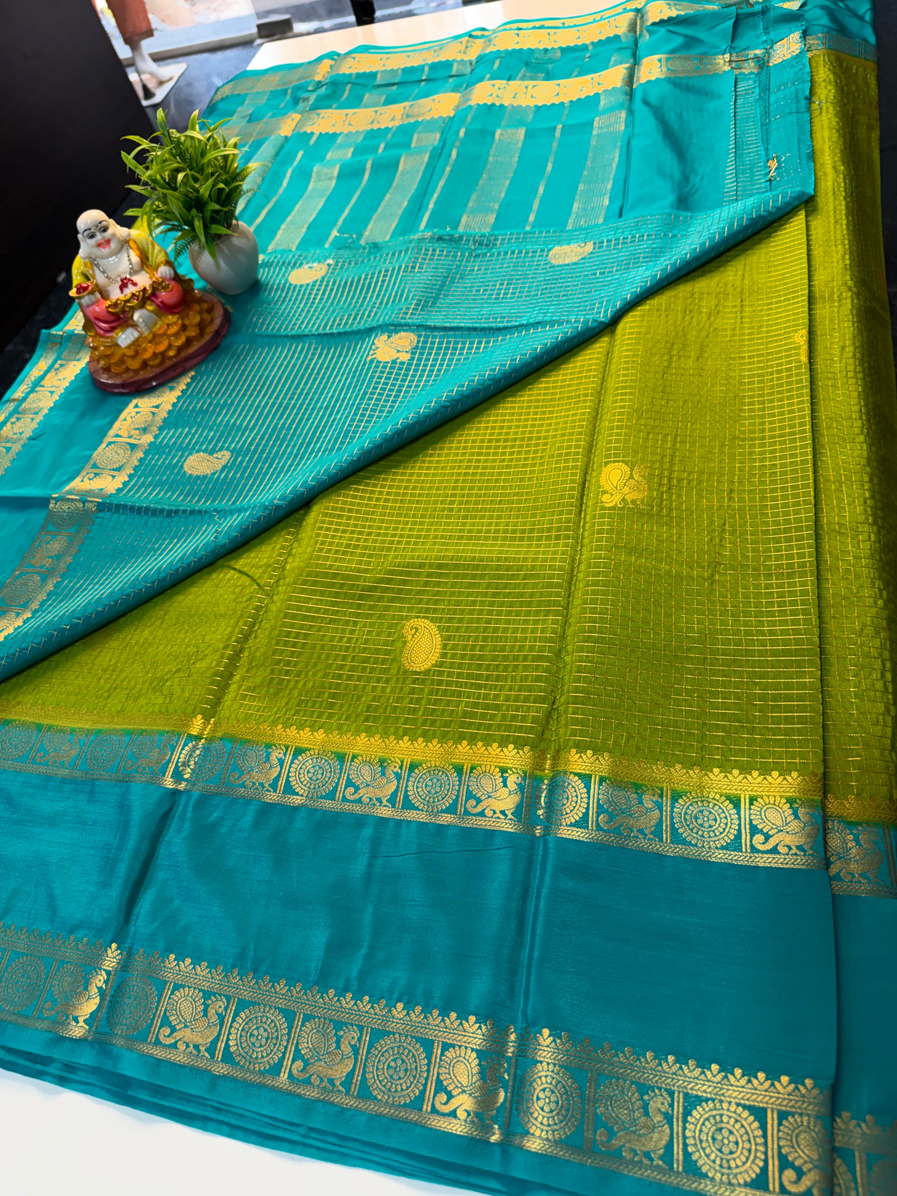 Premium Mysore Crepe Silk Saree with Checks & Peacock Bentex Border…