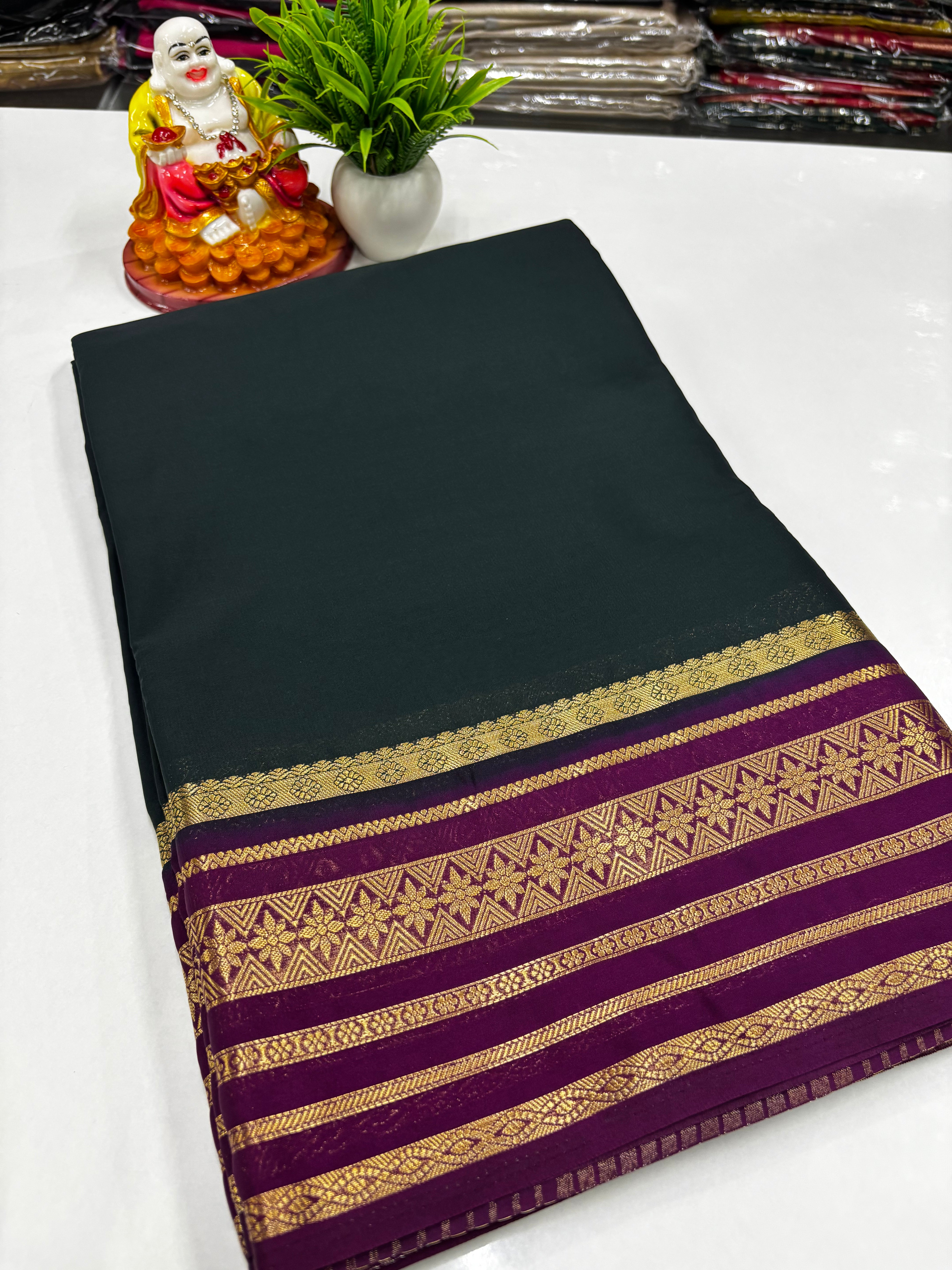 Mysore Crepe Silk Saree with Contrast Border & Rich Pallu – Padmavathi Silks and Sarees