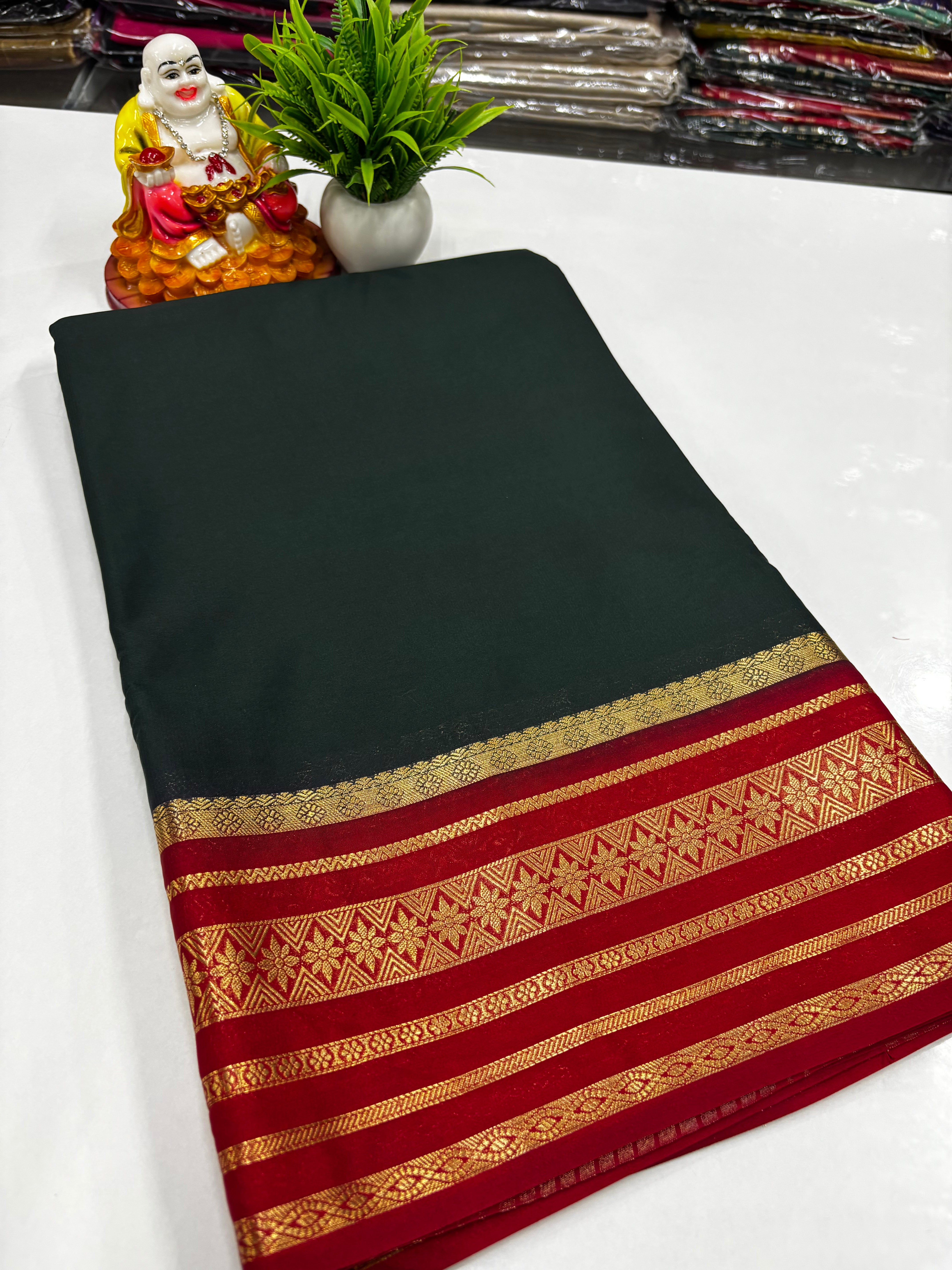 Mysore Crepe Silk Saree with Contrast Border & Rich Pallu – Padmavathi Silks and Sarees