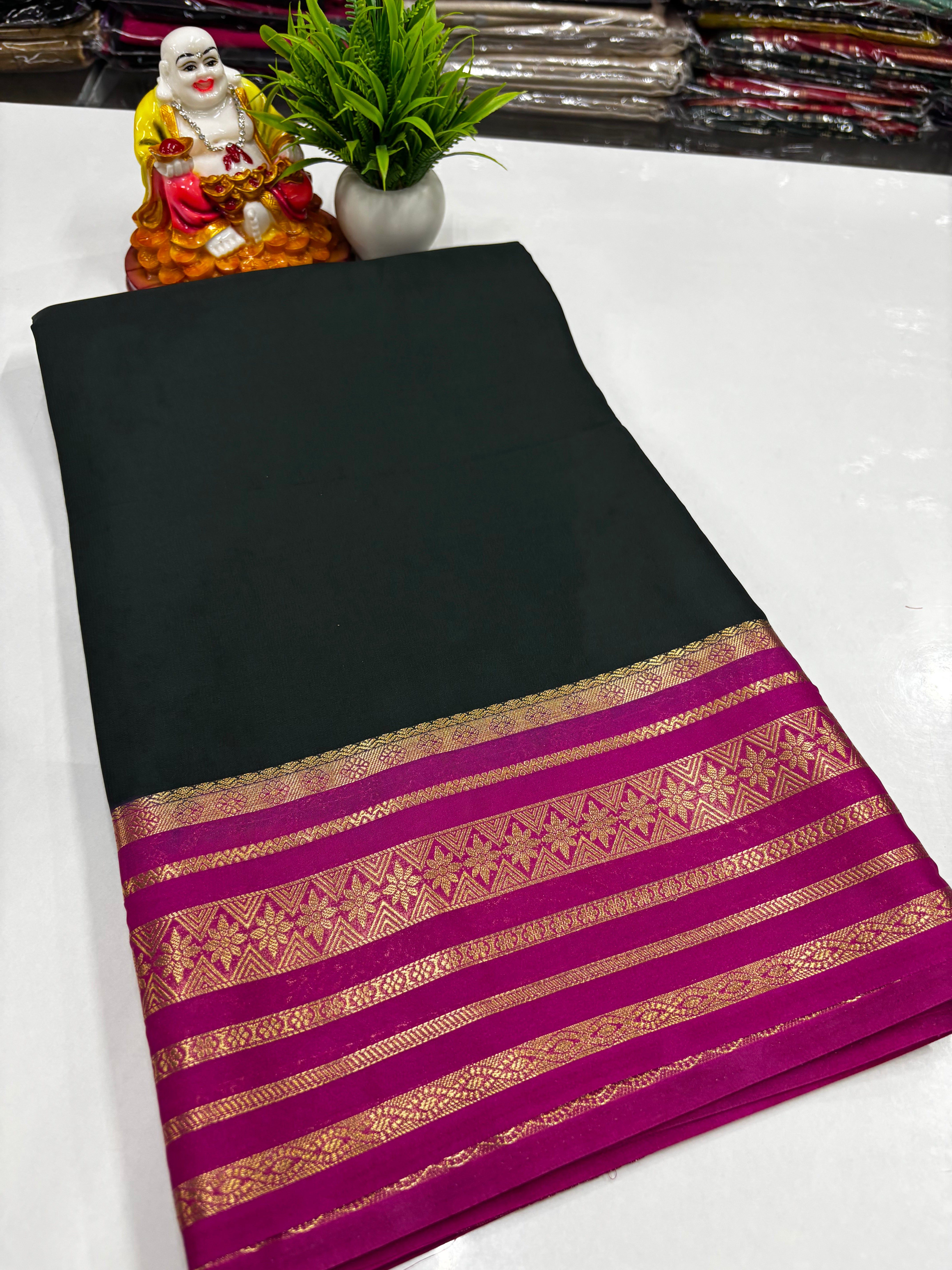 Mysore Crepe Silk Saree with Contrast Border & Rich Pallu – Padmavathi Silks and Sarees