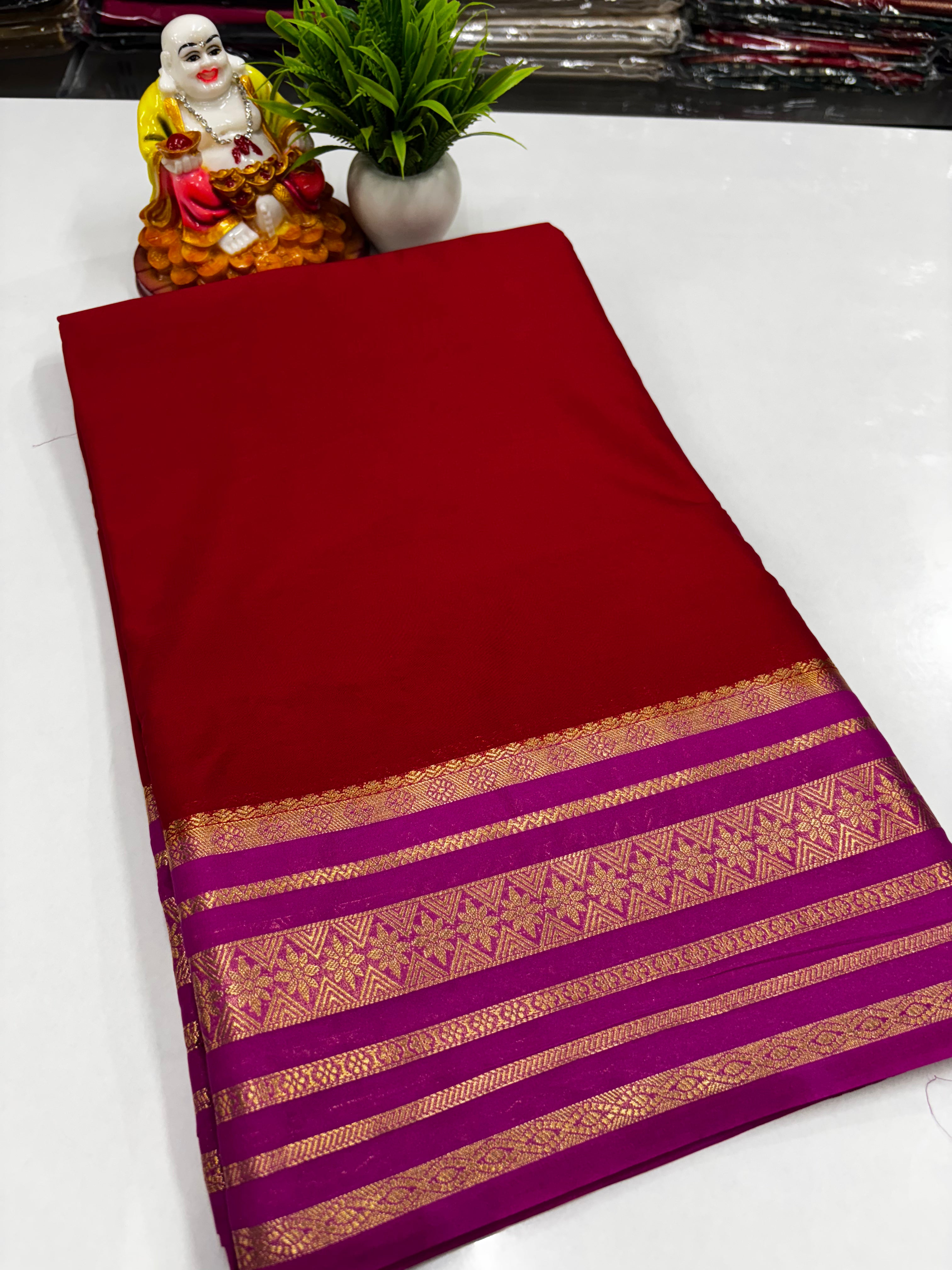 Mysore Crepe Silk Saree with Contrast Border & Rich Pallu – Padmavathi Silks and Sarees