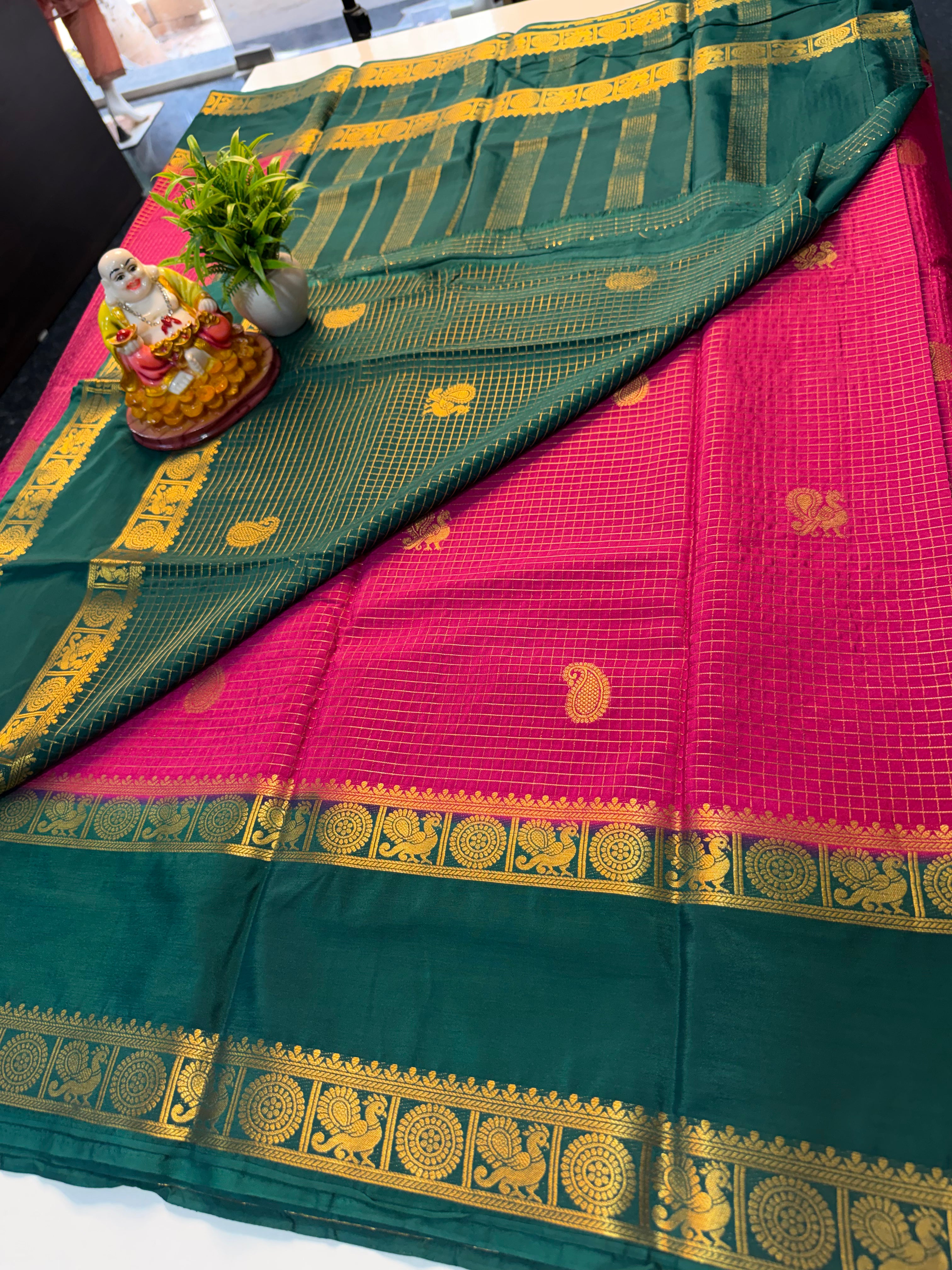 Premium Mysore Crepe Silk Saree with Checks & Peacock Bentex Border…