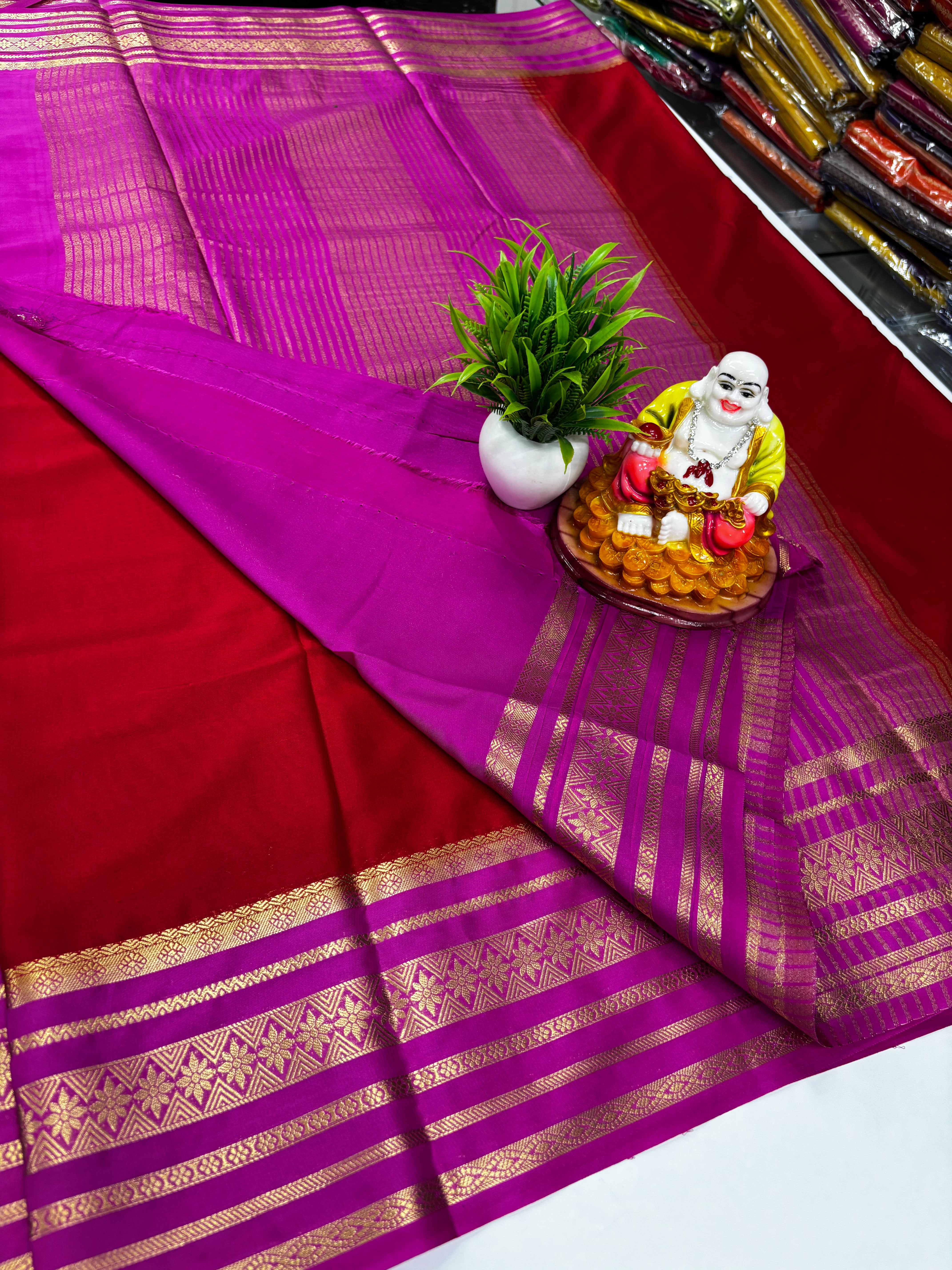 Mysore Crepe Silk Saree with Contrast Border & Rich Pallu – Padmavathi Silks and Sarees