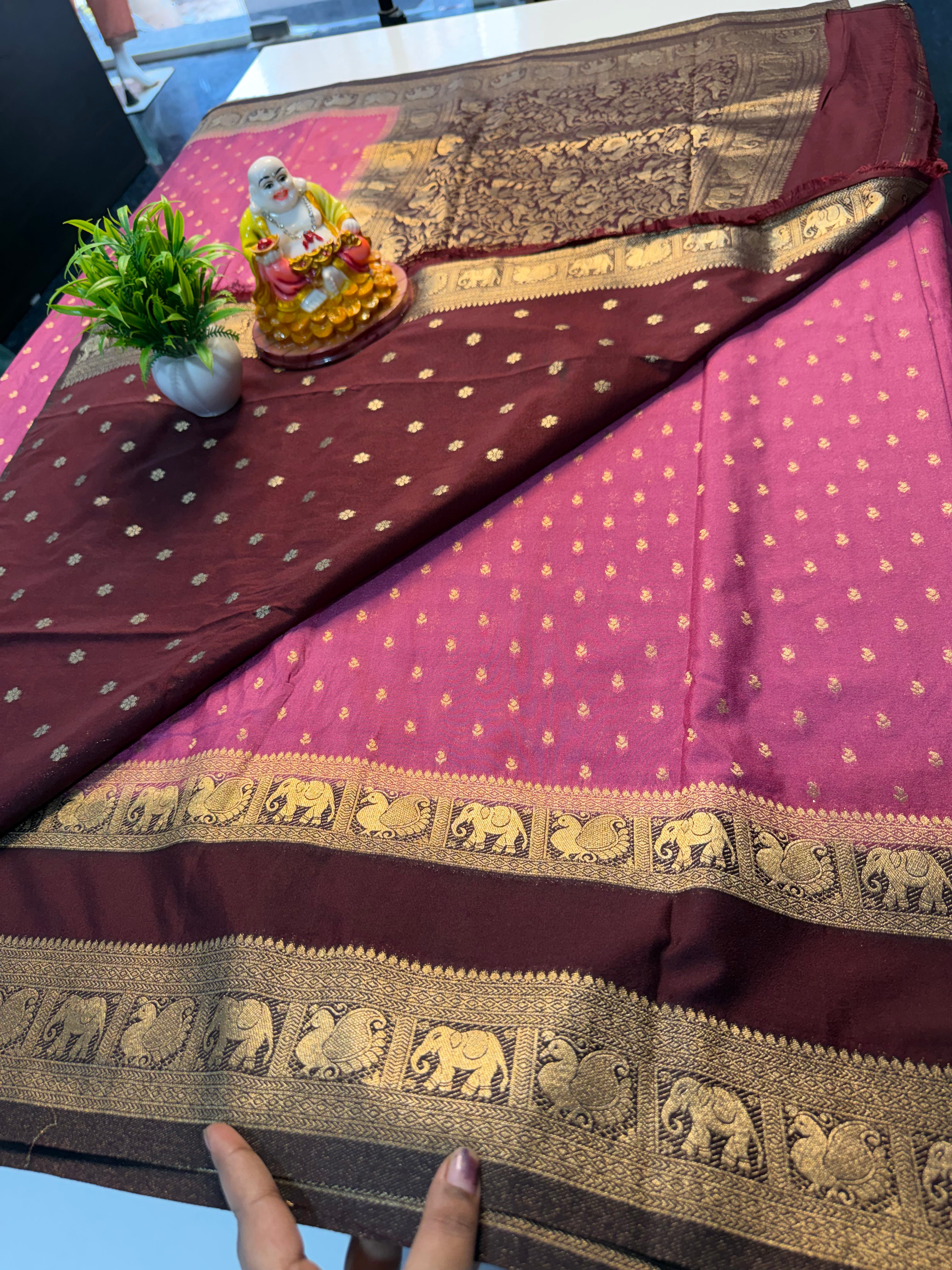 Premium Georgette Saree with Buttas &amp; Elephant-Peacock Bentex Border