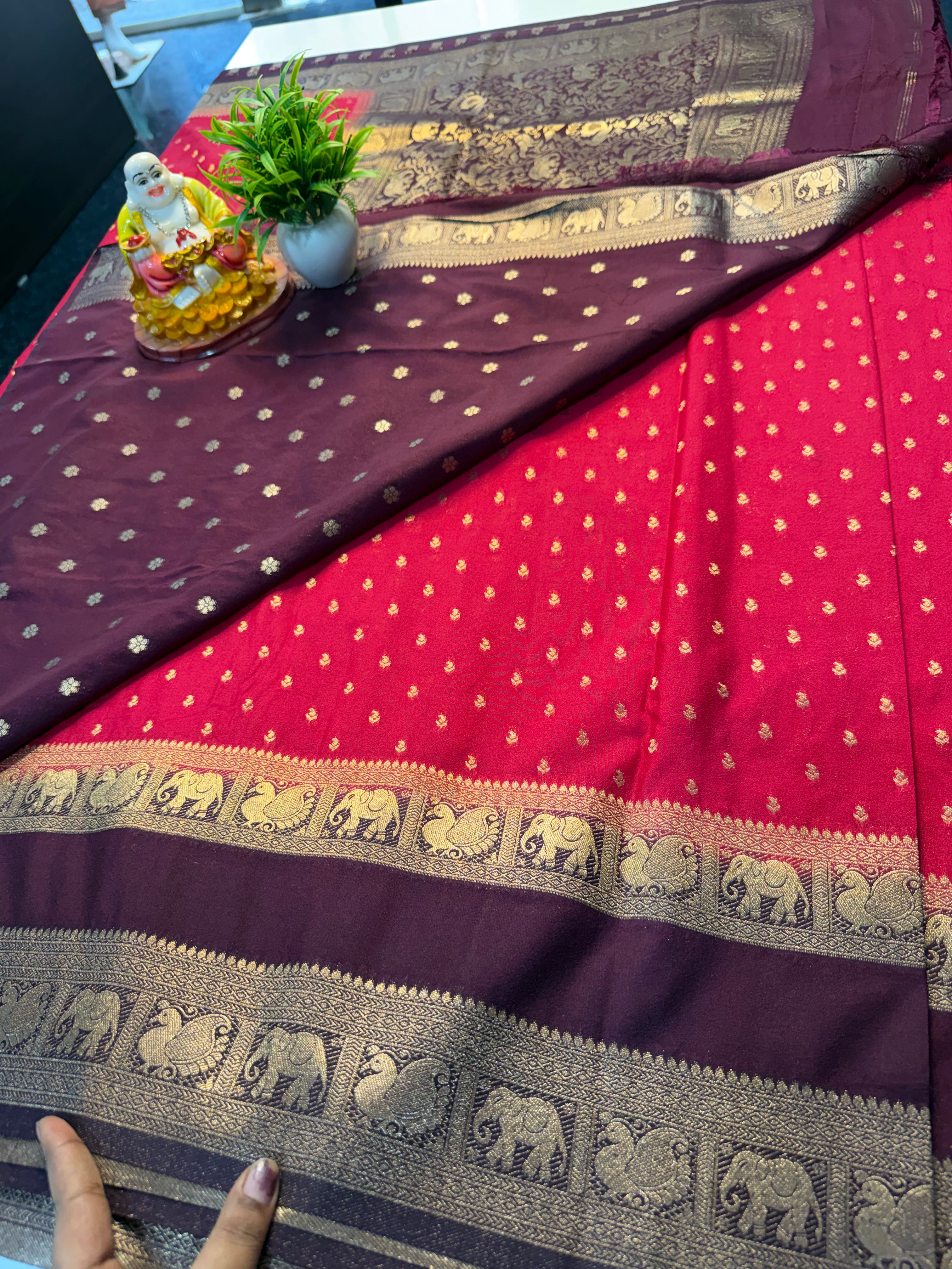 Premium Georgette Saree with Buttas &amp; Elephant-Peacock Bentex Border
