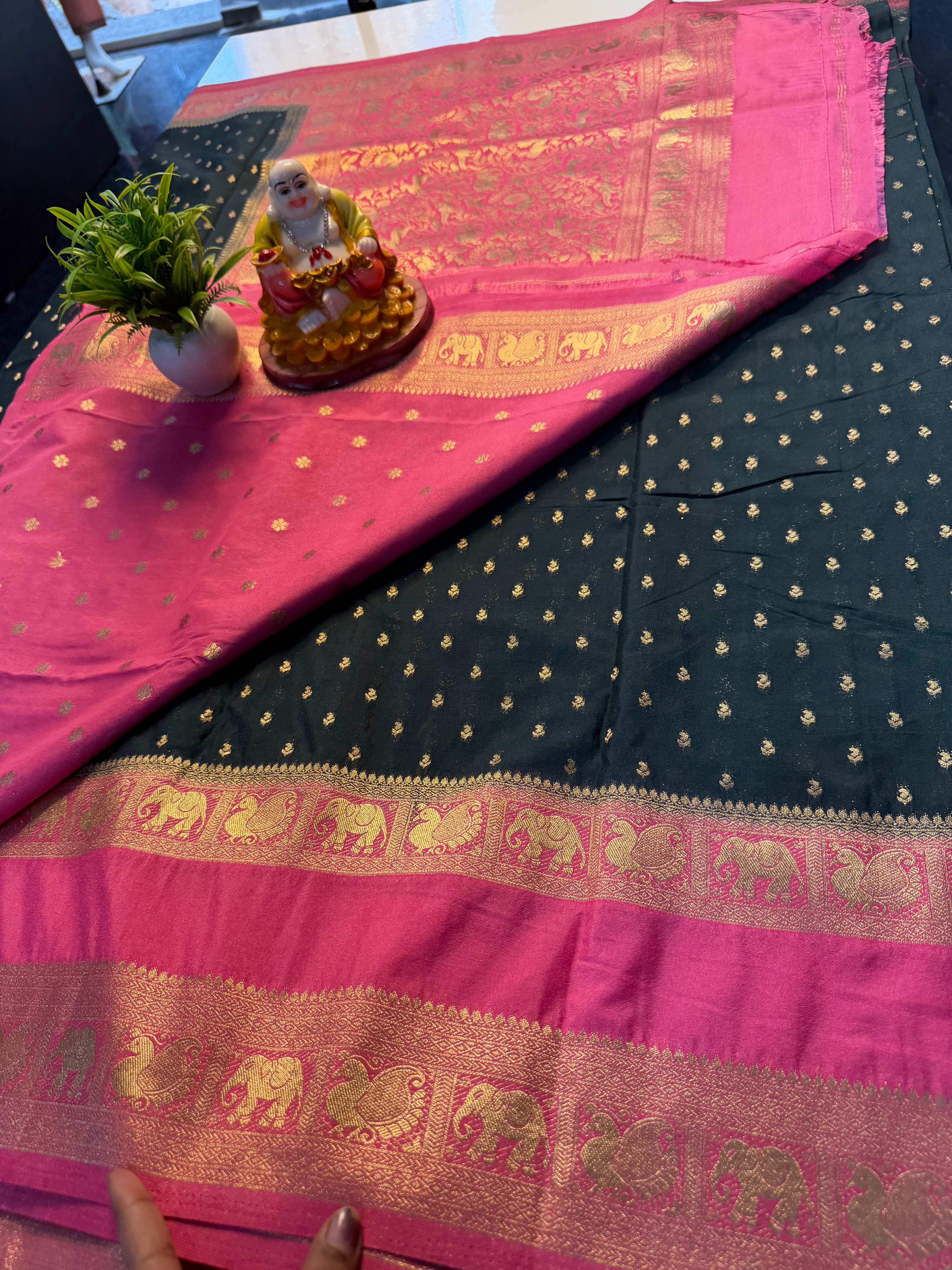 Premium Georgette Saree with Buttas &amp; Elephant-Peacock Bentex Border