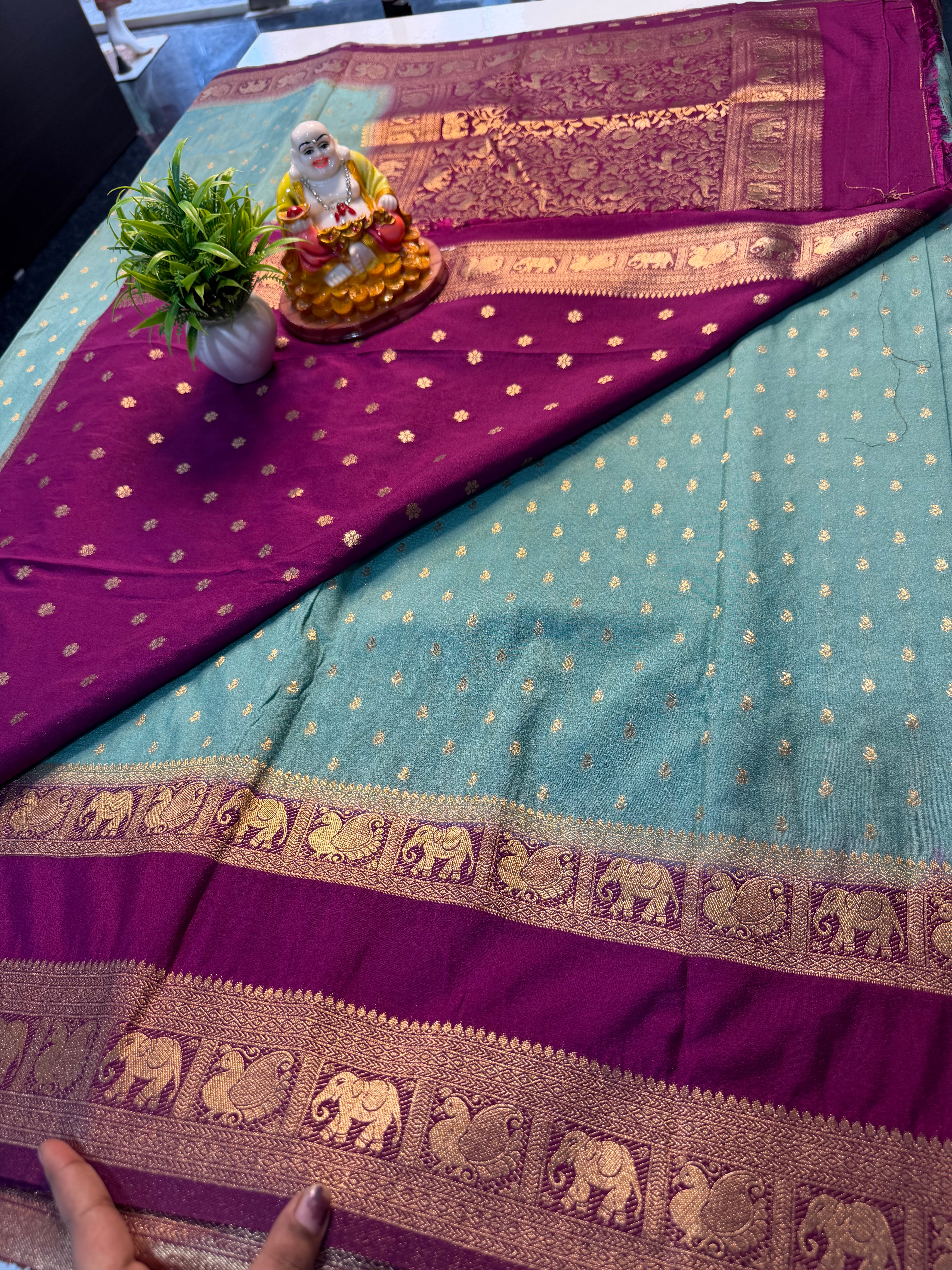 Premium Georgette Saree with Buttas &amp; Elephant-Peacock Bentex Border