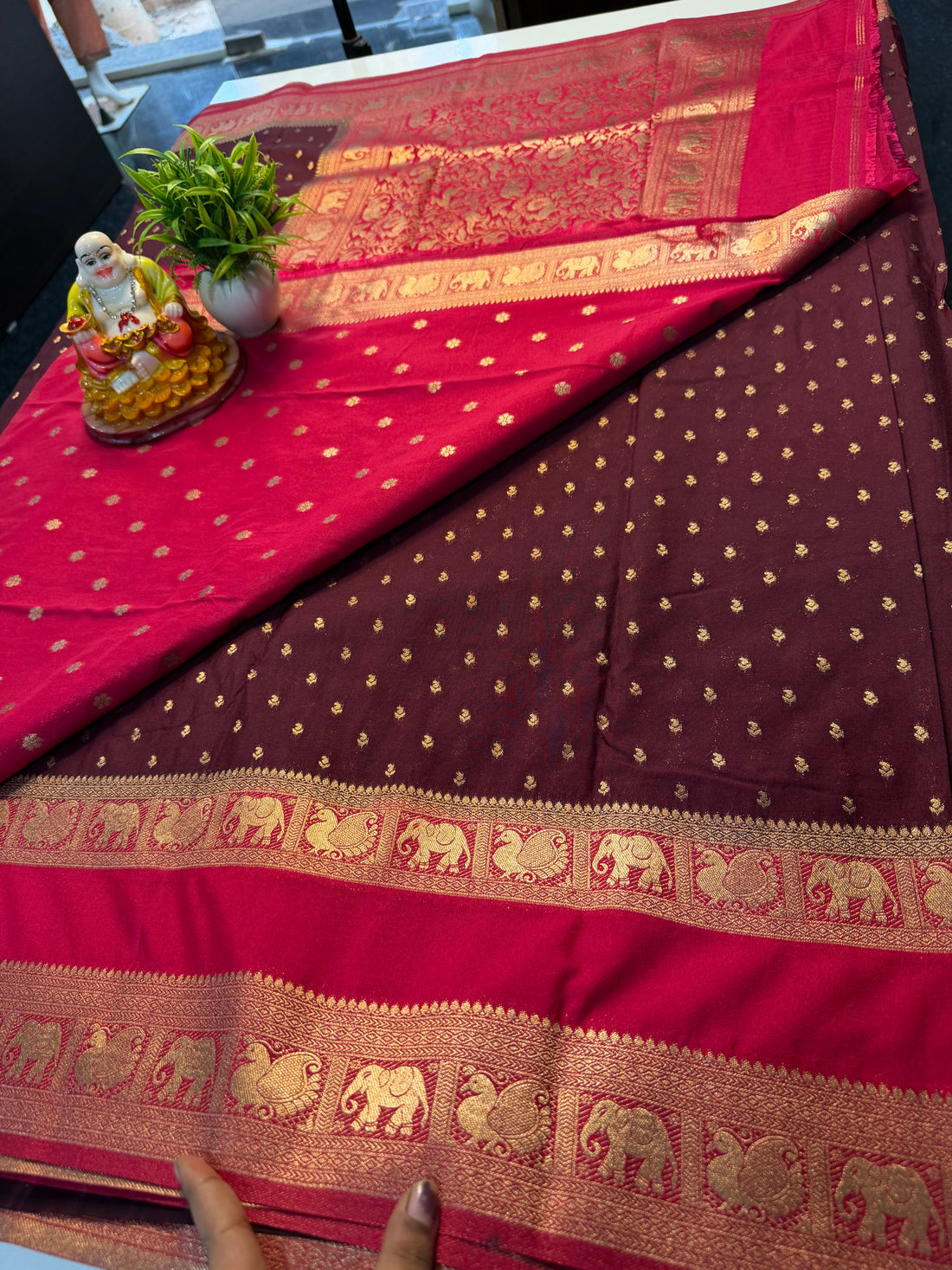 Premium Georgette Saree with Buttas &amp; Elephant-Peacock Bentex Border