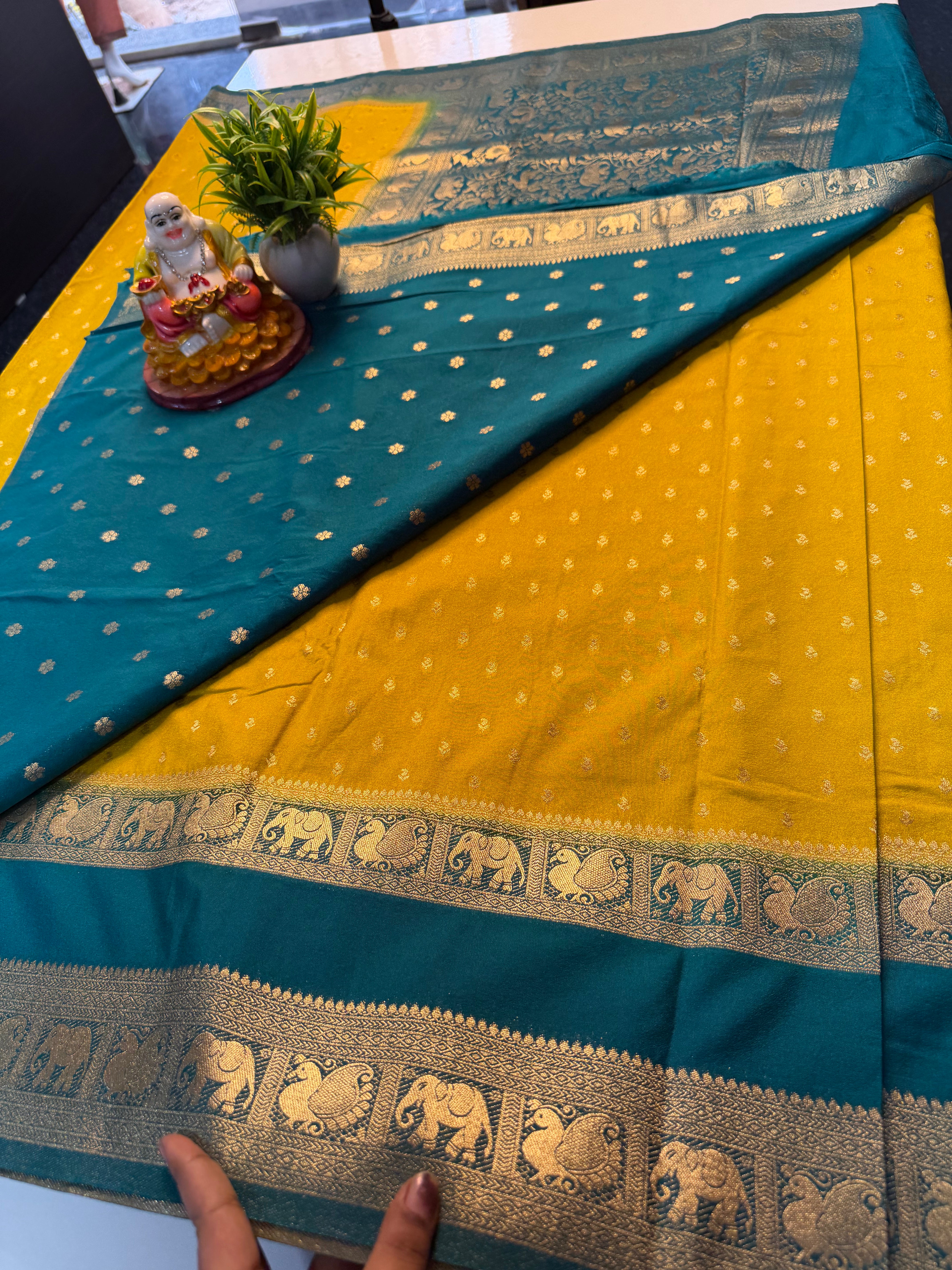 Premium Georgette Saree with Buttas &amp; Elephant-Peacock Bentex Border