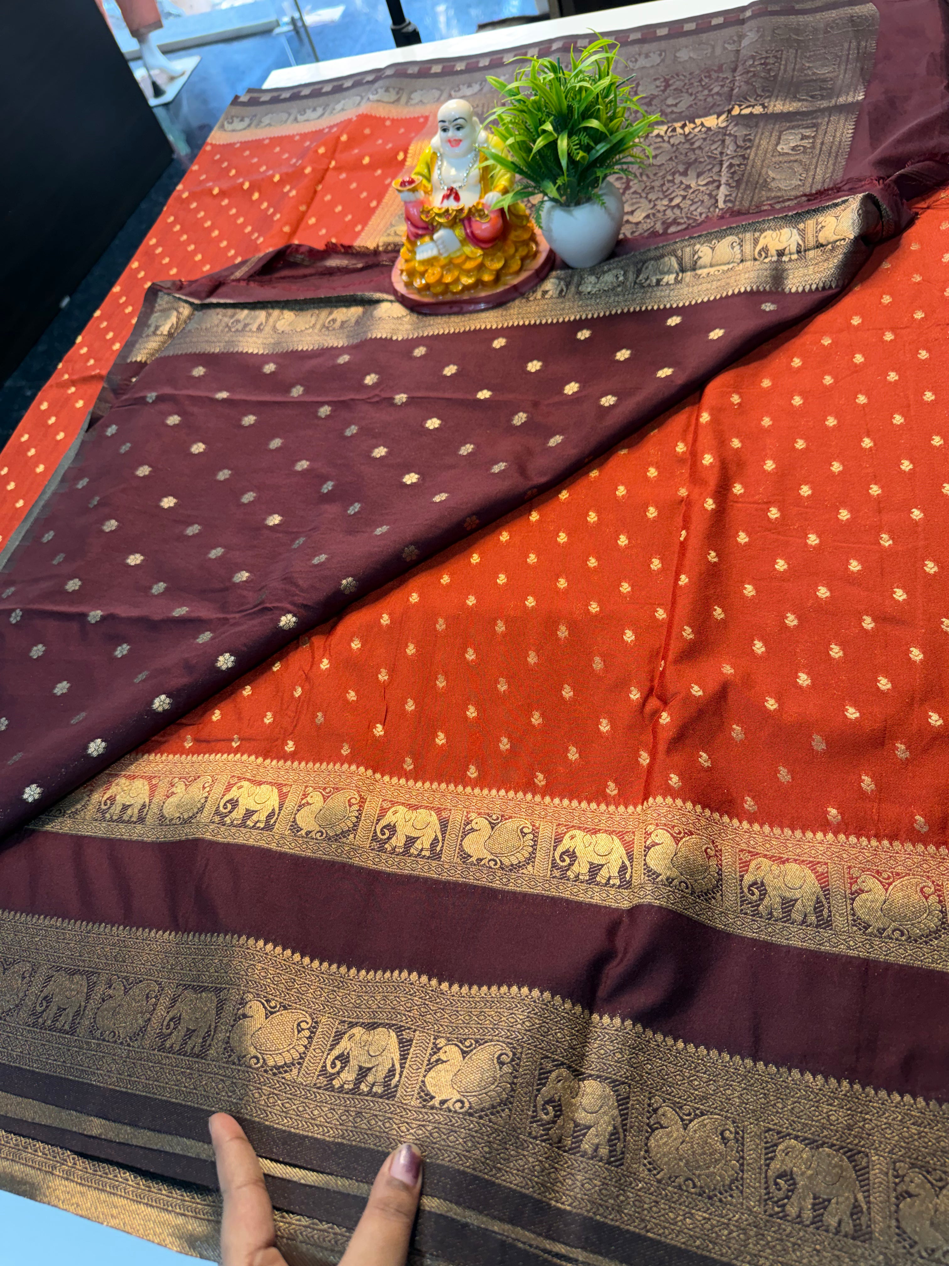 Premium Georgette Saree with Buttas &amp; Elephant-Peacock Bentex Border