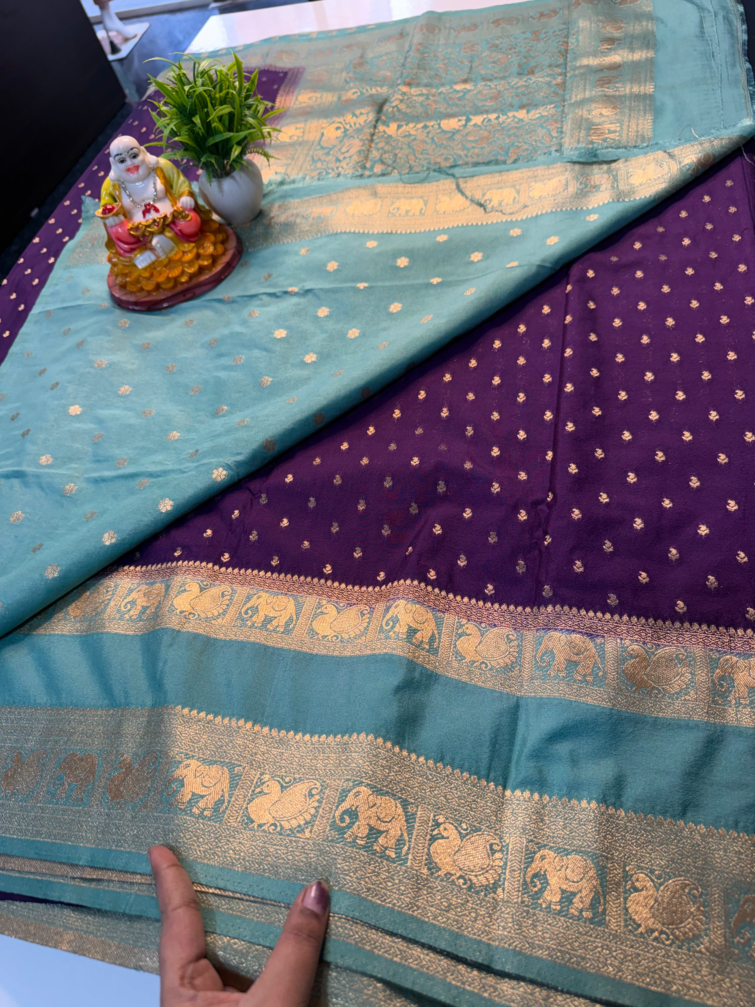 Premium Georgette Saree with Buttas &amp; Elephant-Peacock Bentex Border