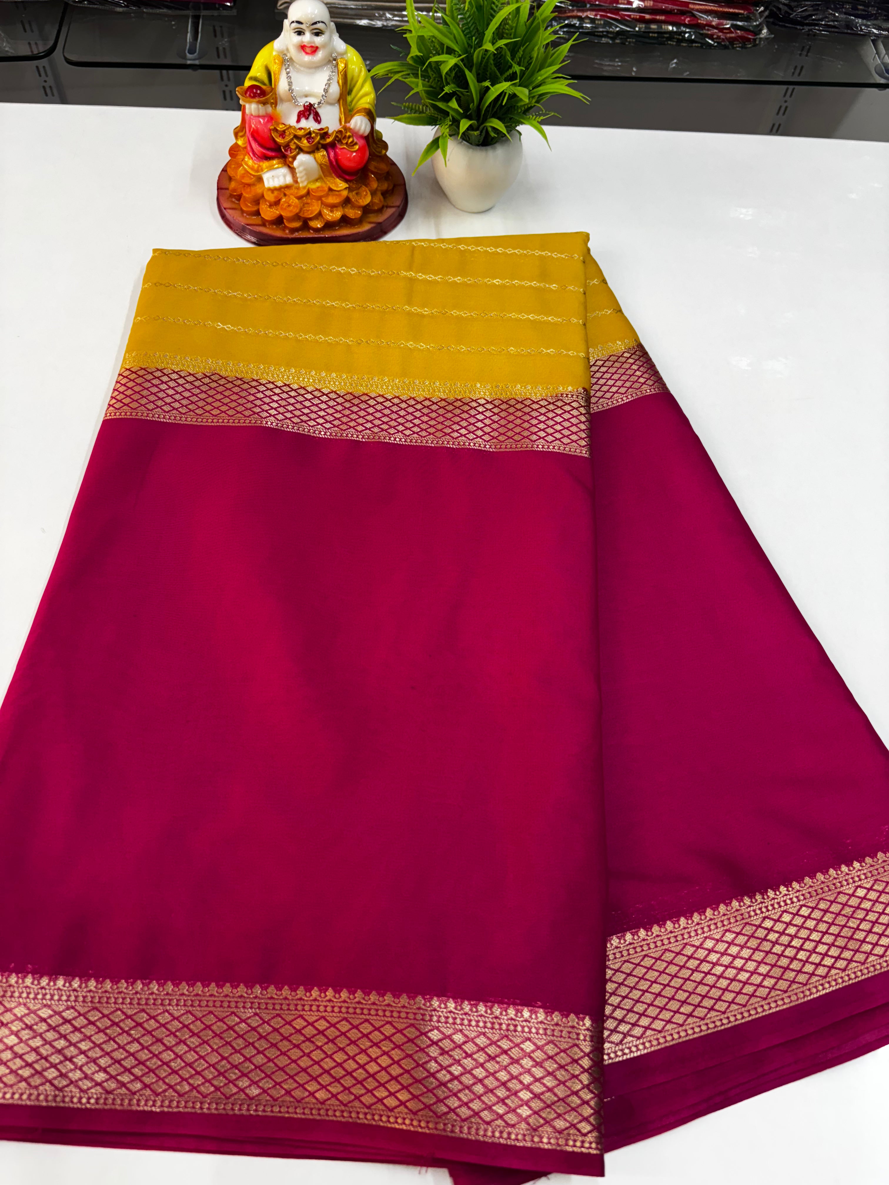 Mysore Crepe Silk Saree with Beautiful Center Print – Padmavathi Silks & Sarees