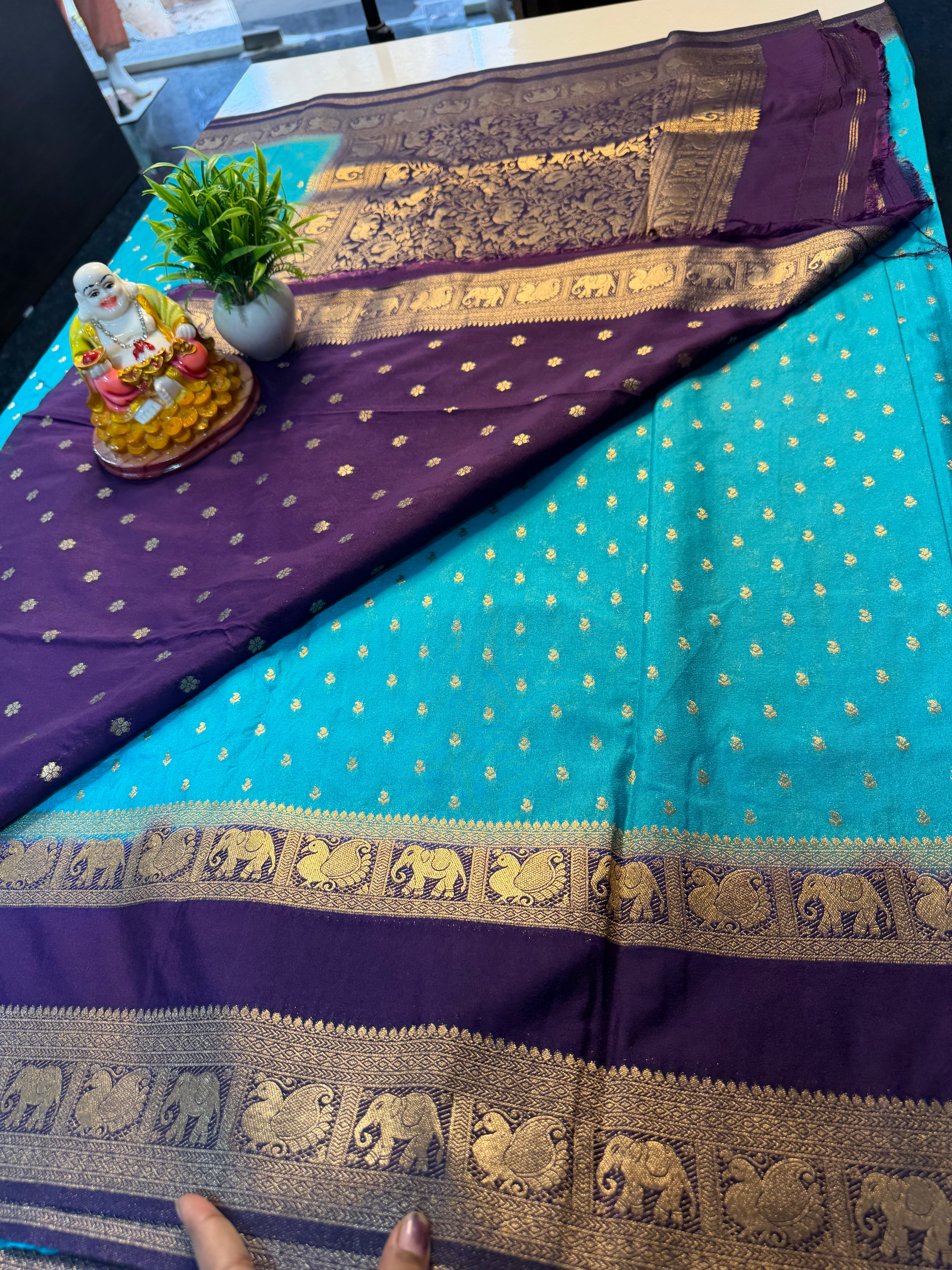 Premium Georgette Saree with Buttas &amp; Elephant-Peacock Bentex Border