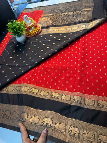 Premium Georgette Saree with Buttas &amp; Elephant-Peacock Bentex Border