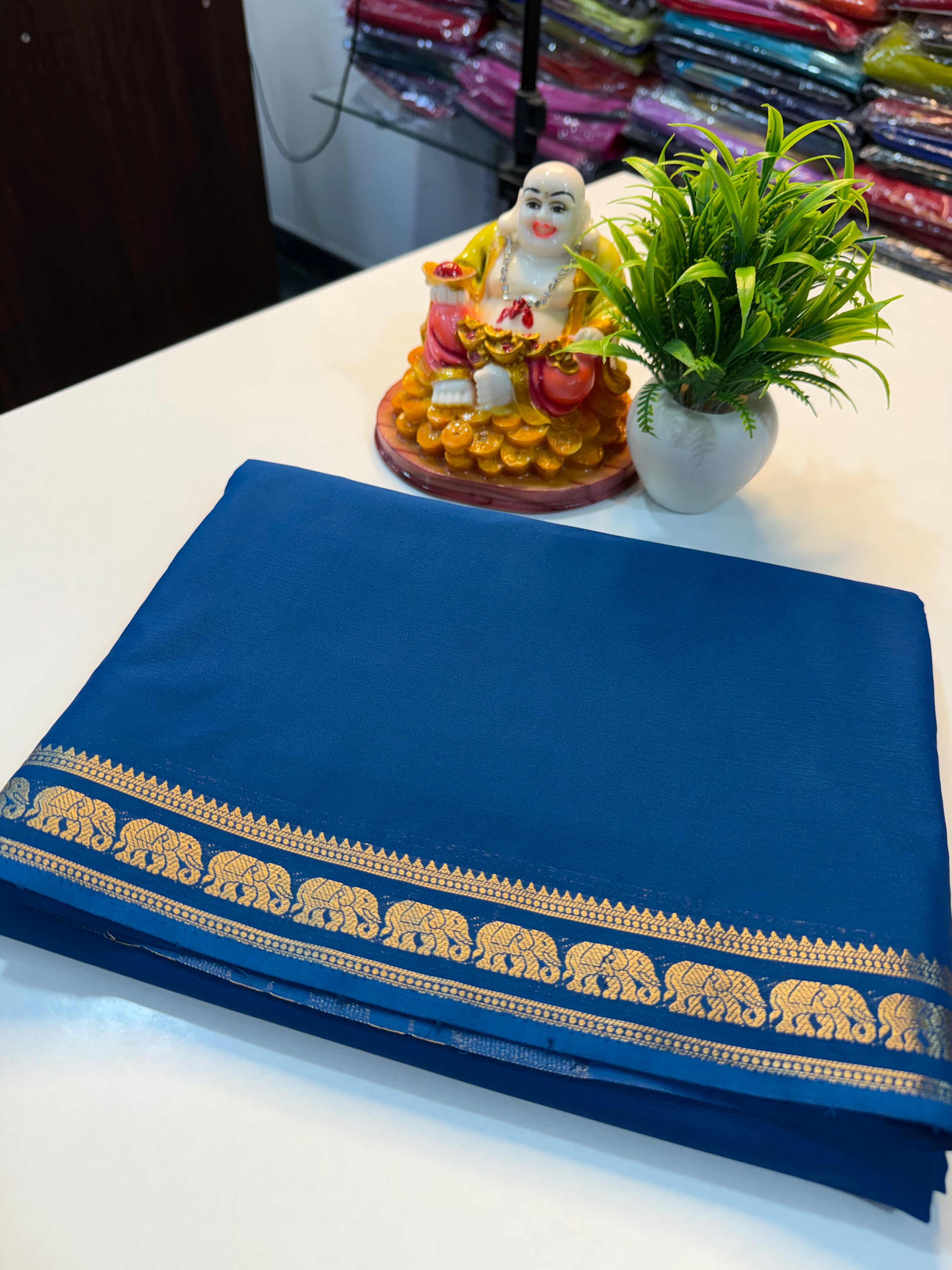 Premium Mysore Crepe Silk Saree with Elephant Border & Chit Pallu