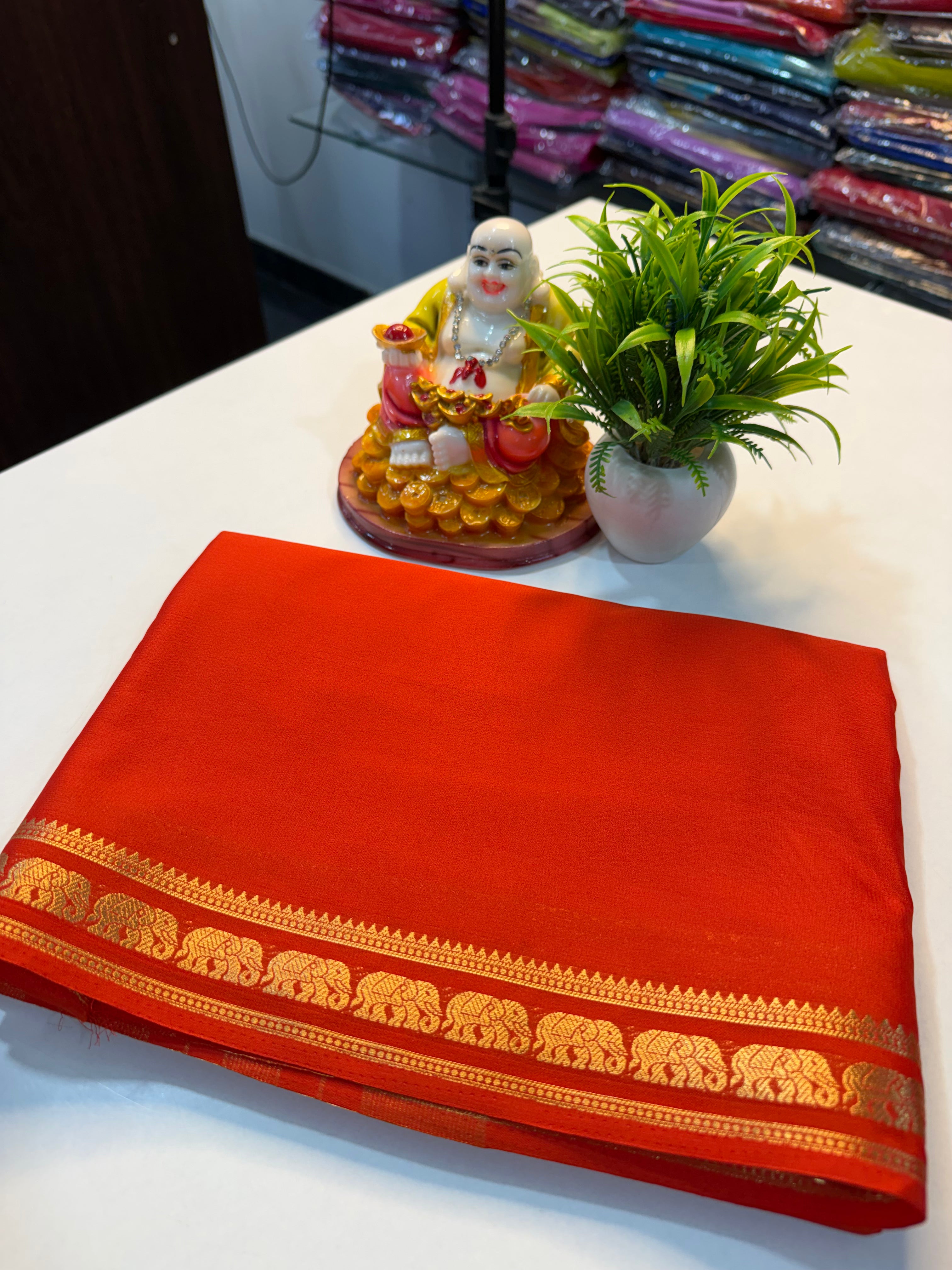 Premium Mysore Crepe Silk Saree with Elephant Border & Chit Pallu