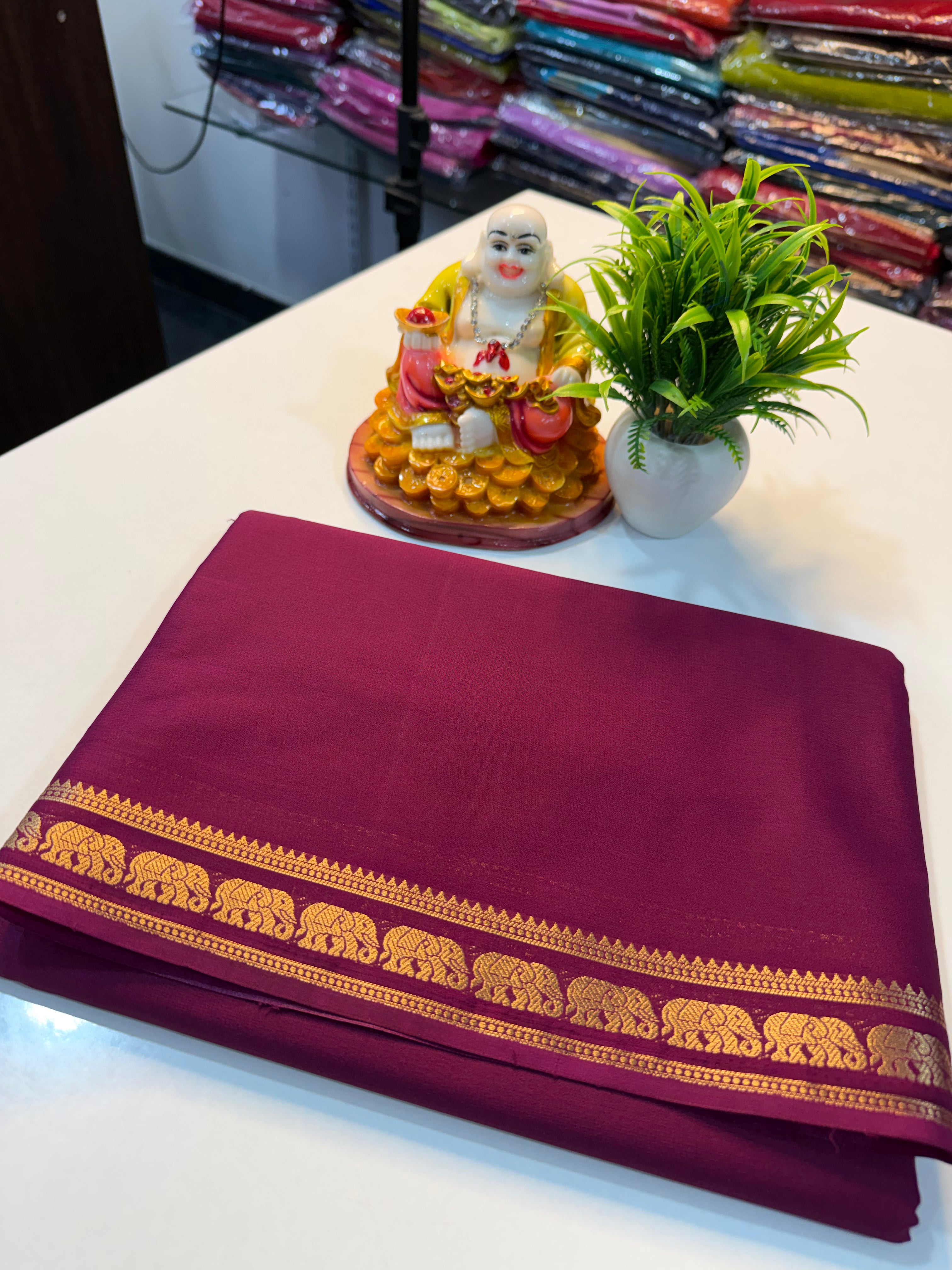 Premium Mysore Crepe Silk Saree with Elephant Border & Chit Pallu