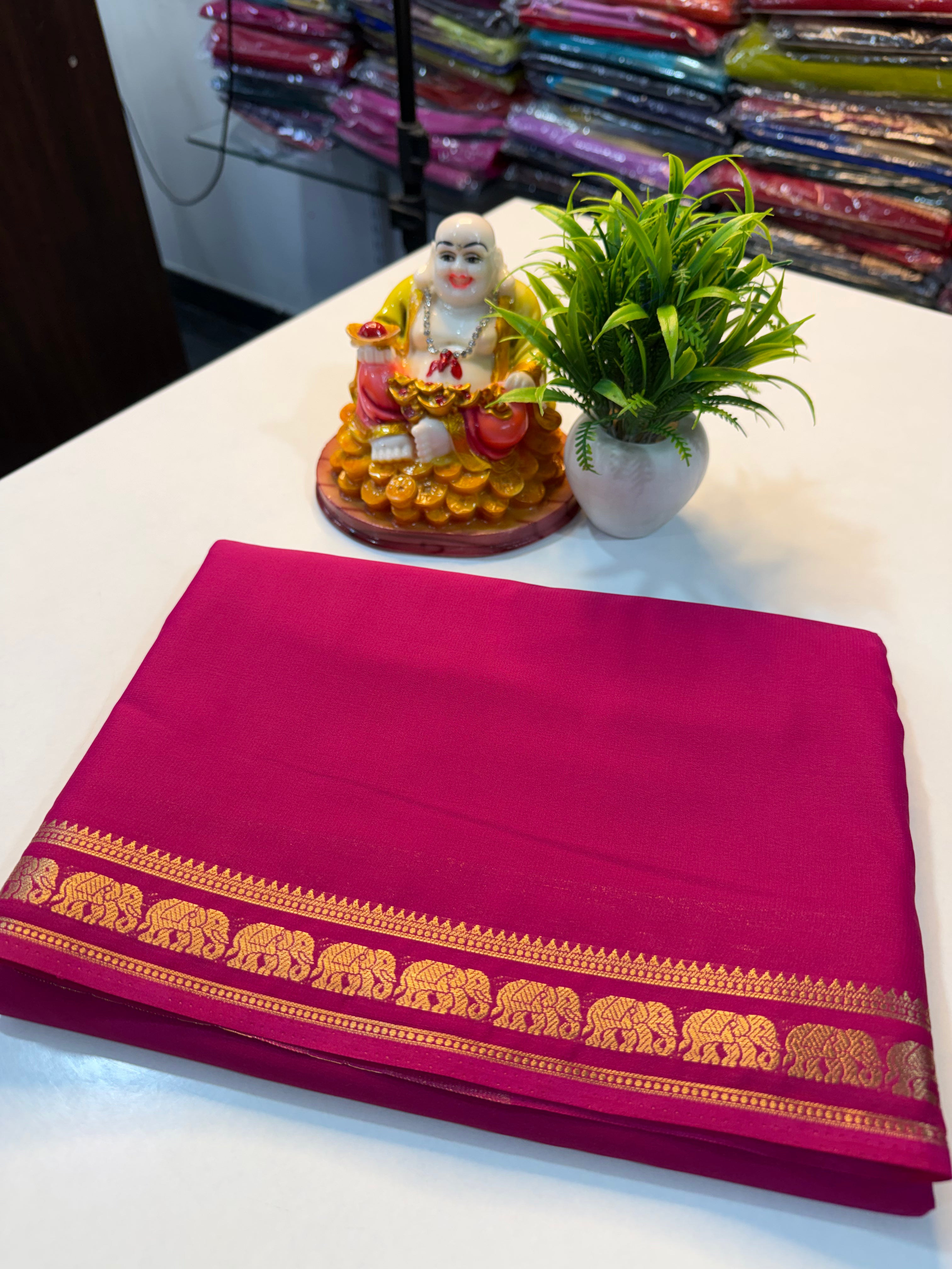 Premium Mysore Crepe Silk Saree with Elephant Border & Chit Pallu