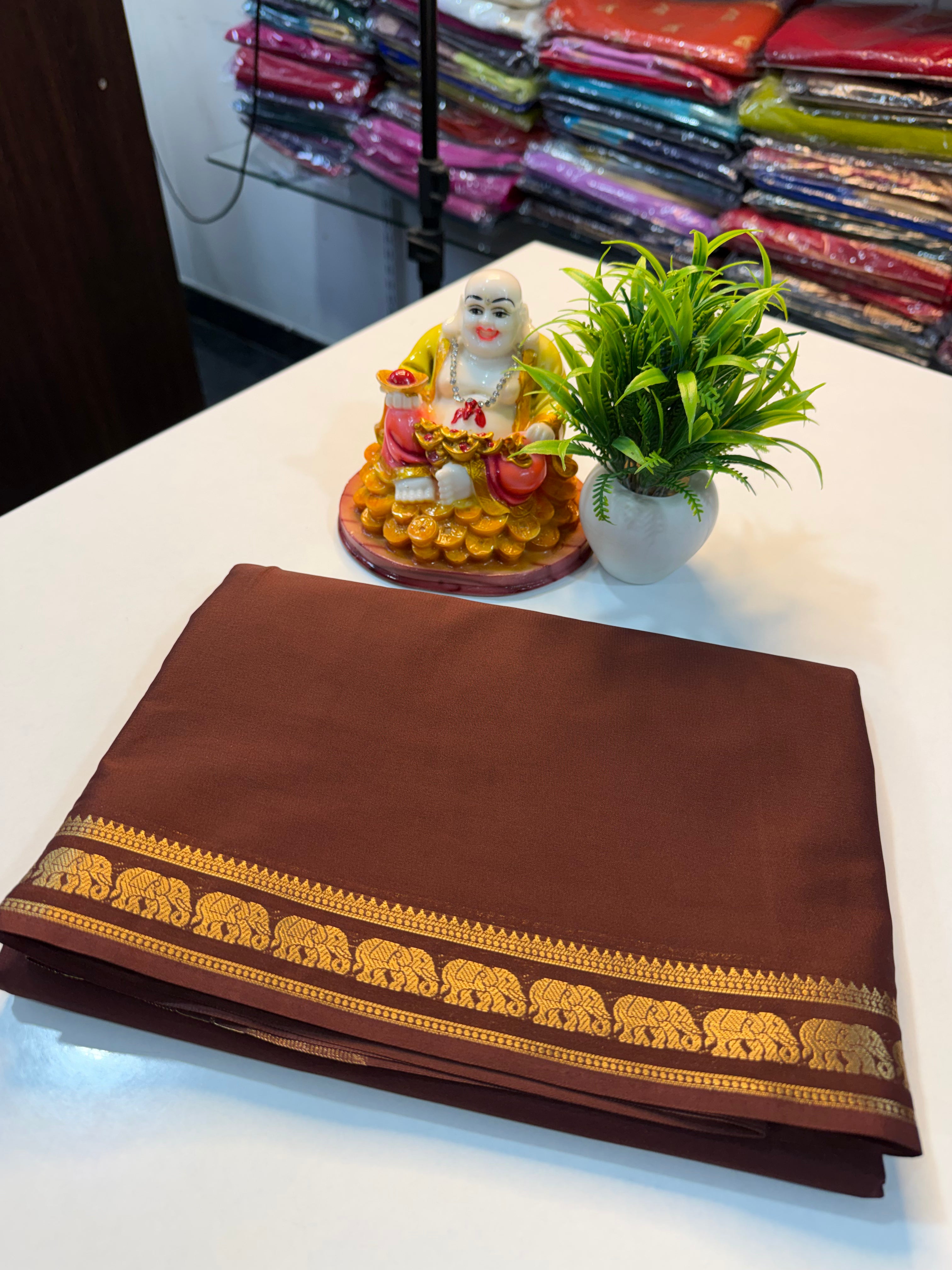 Premium Mysore Crepe Silk Saree with Elephant Border & Chit Pallu
