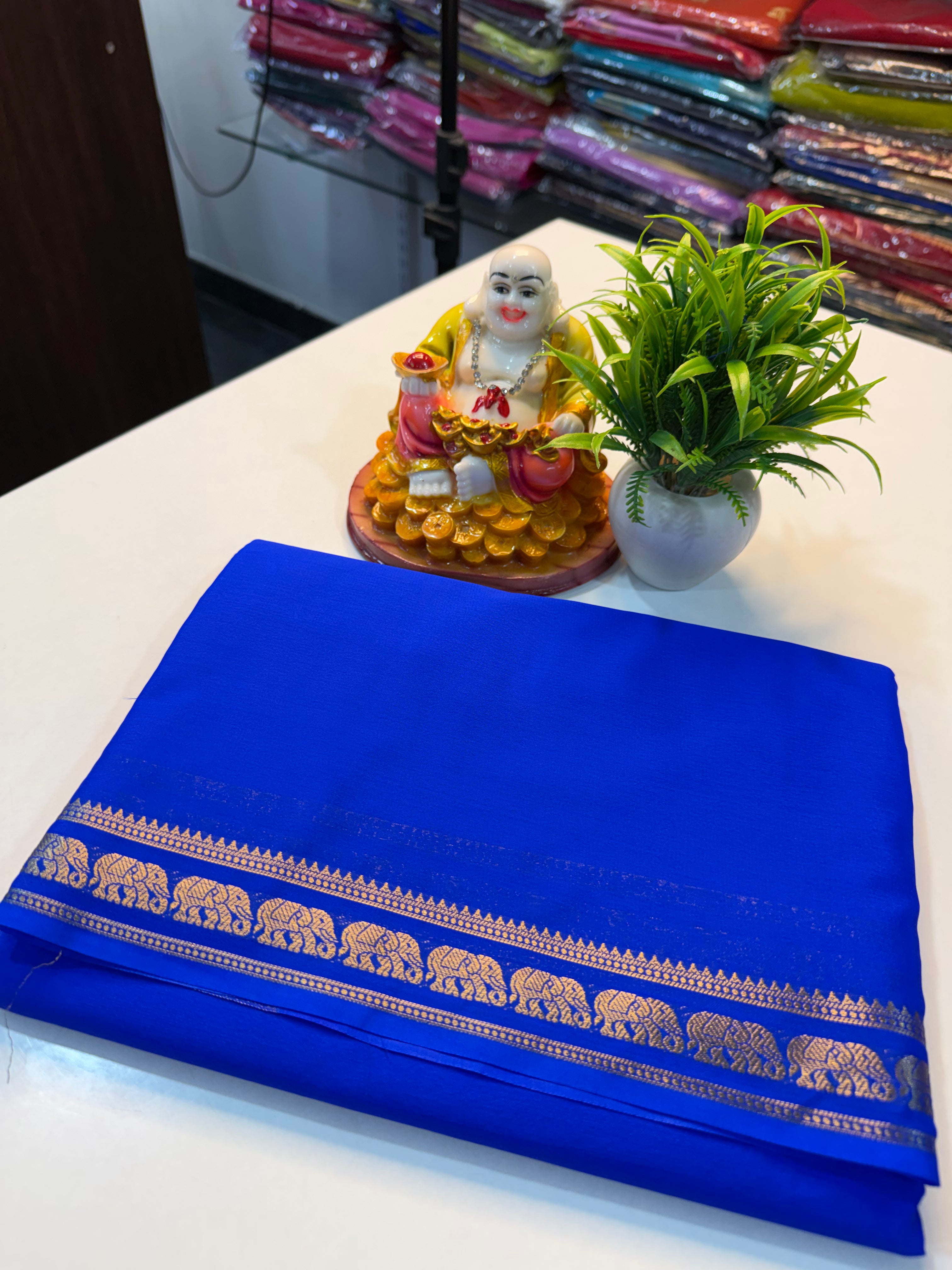 Premium Mysore Crepe Silk Saree with Elephant Border & Chit Pallu