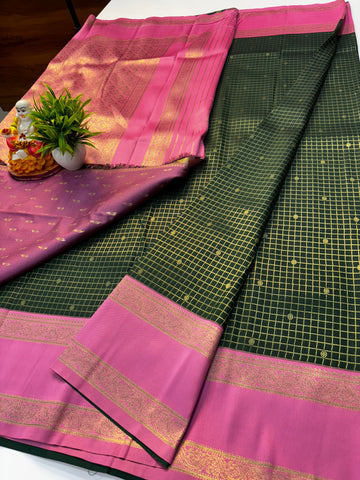 Semi Silk Saree with Checks Pattern & Rich Pallu