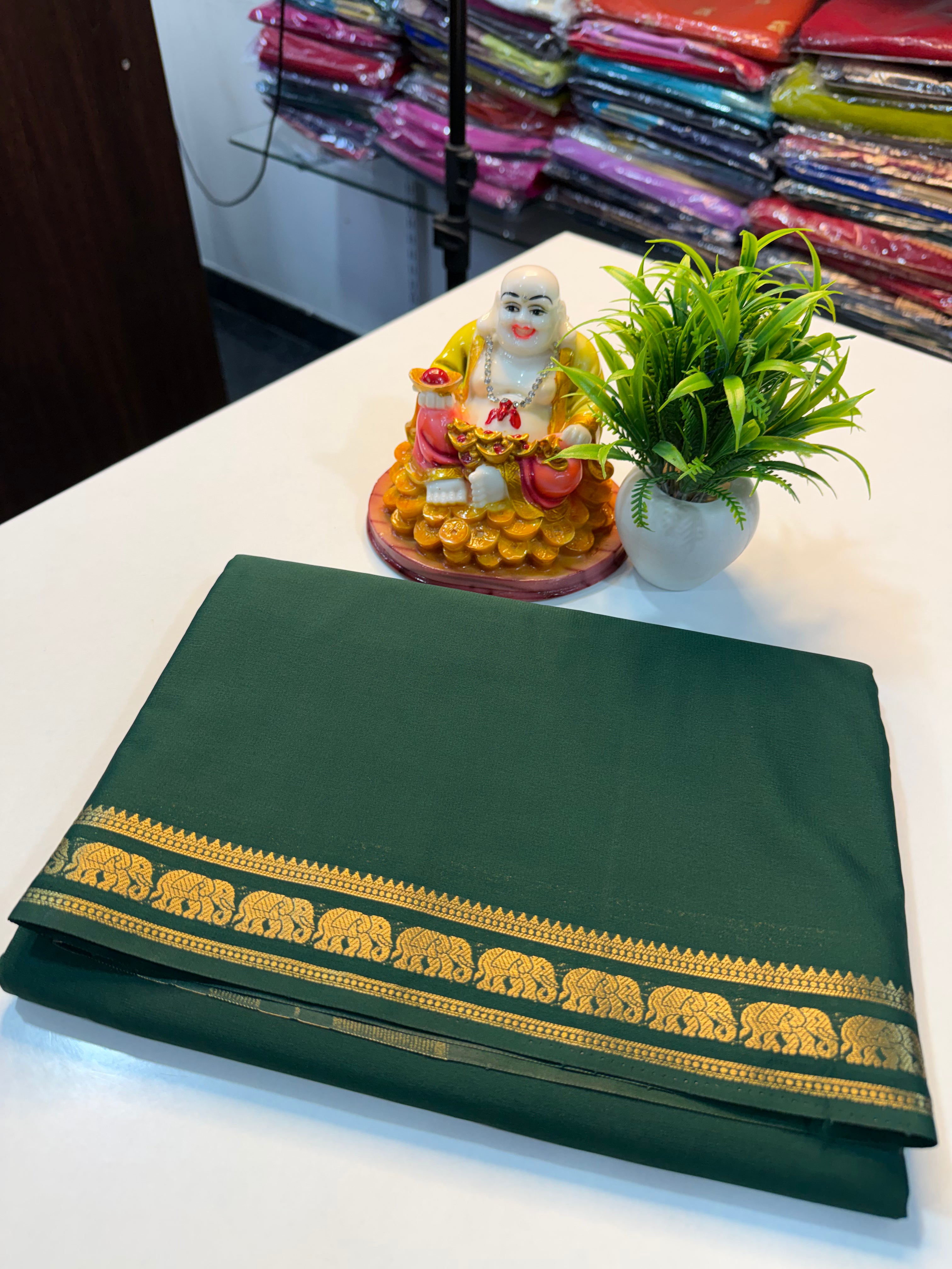 Premium Mysore Crepe Silk Saree with Elephant Border & Chit Pallu