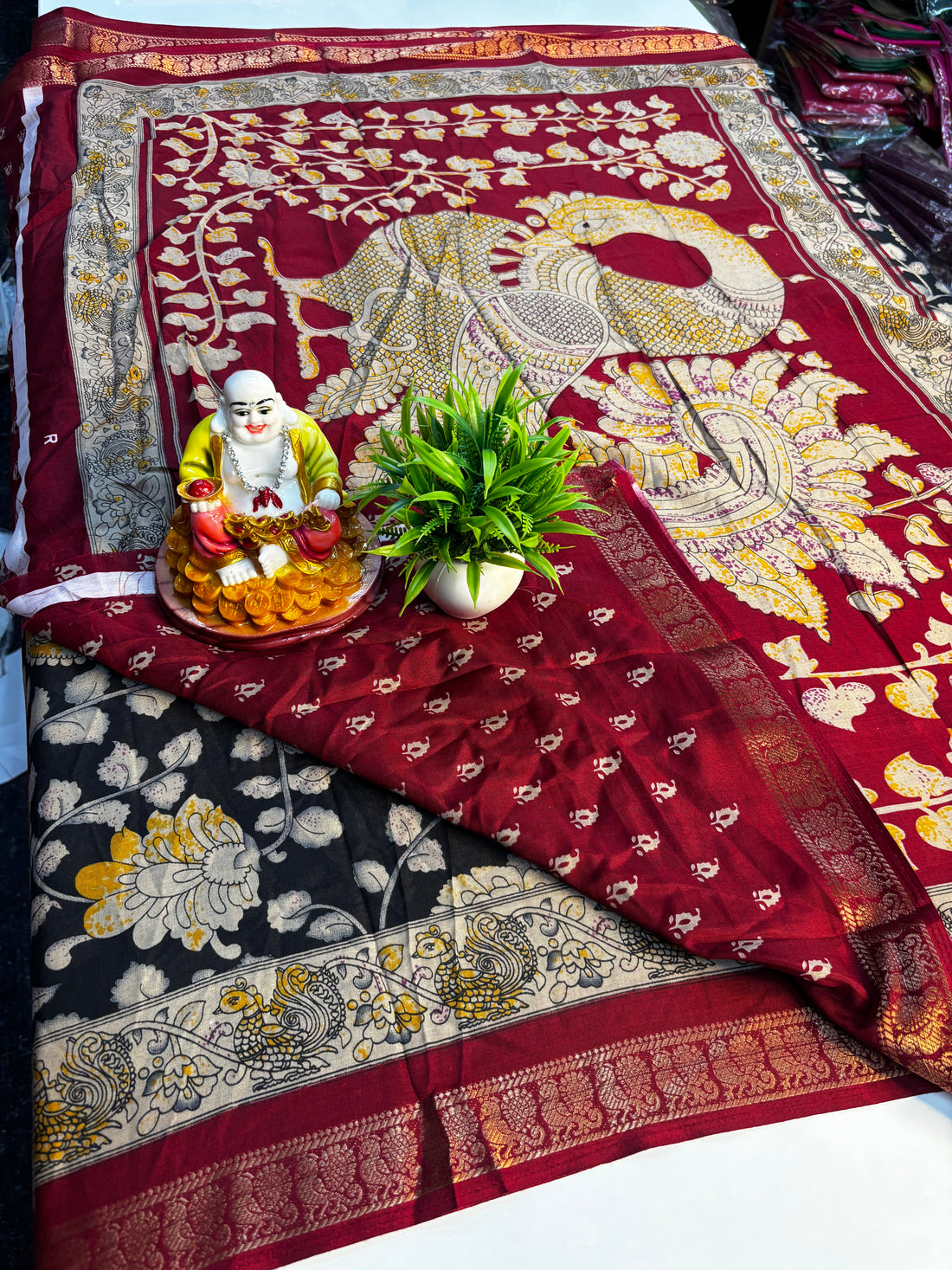 Elegant Dola Silk Saree with Mangalagiri Blend & Peacock Border