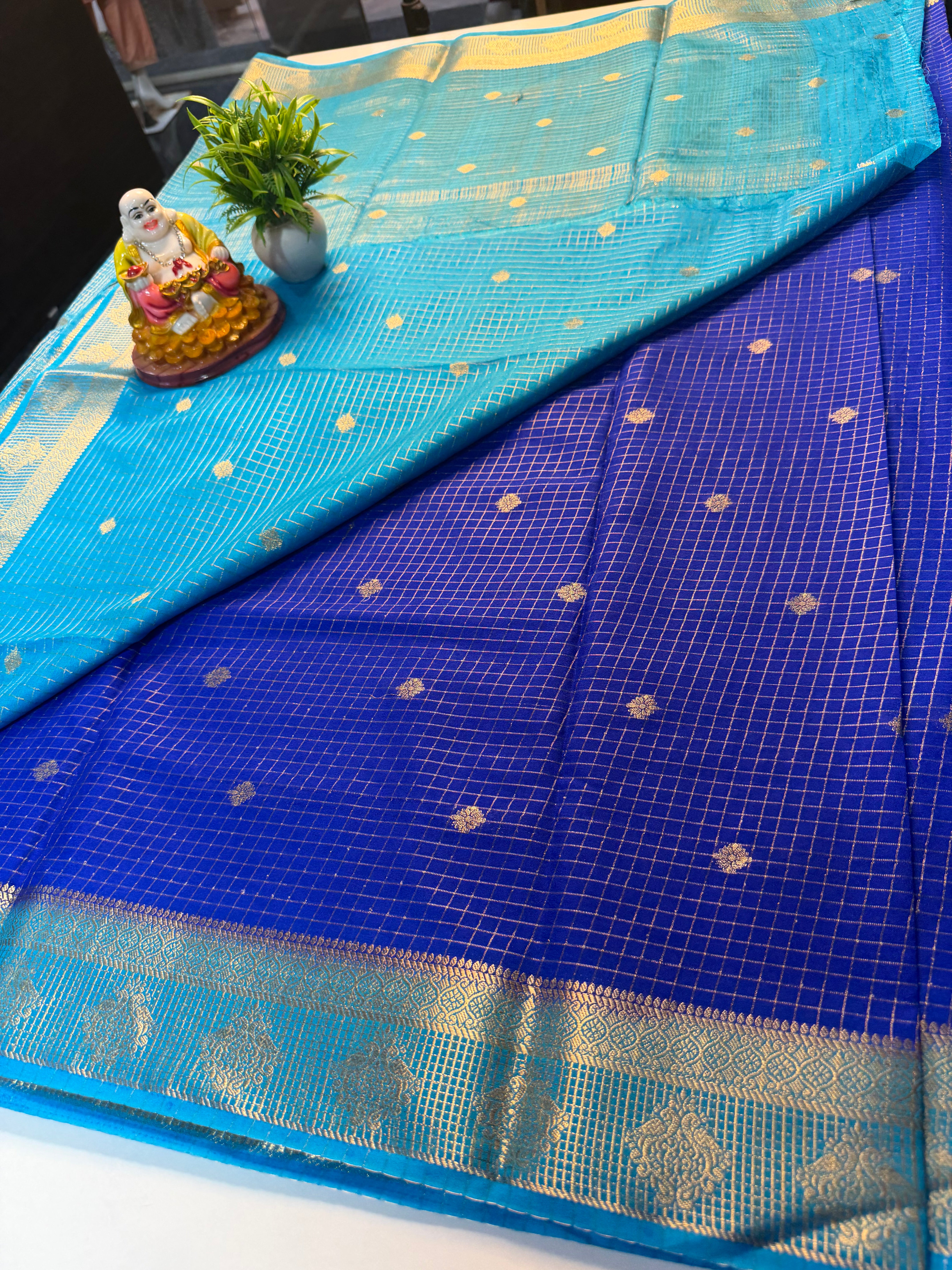Mysore Crepe Silk Saree with Checks & Buttas