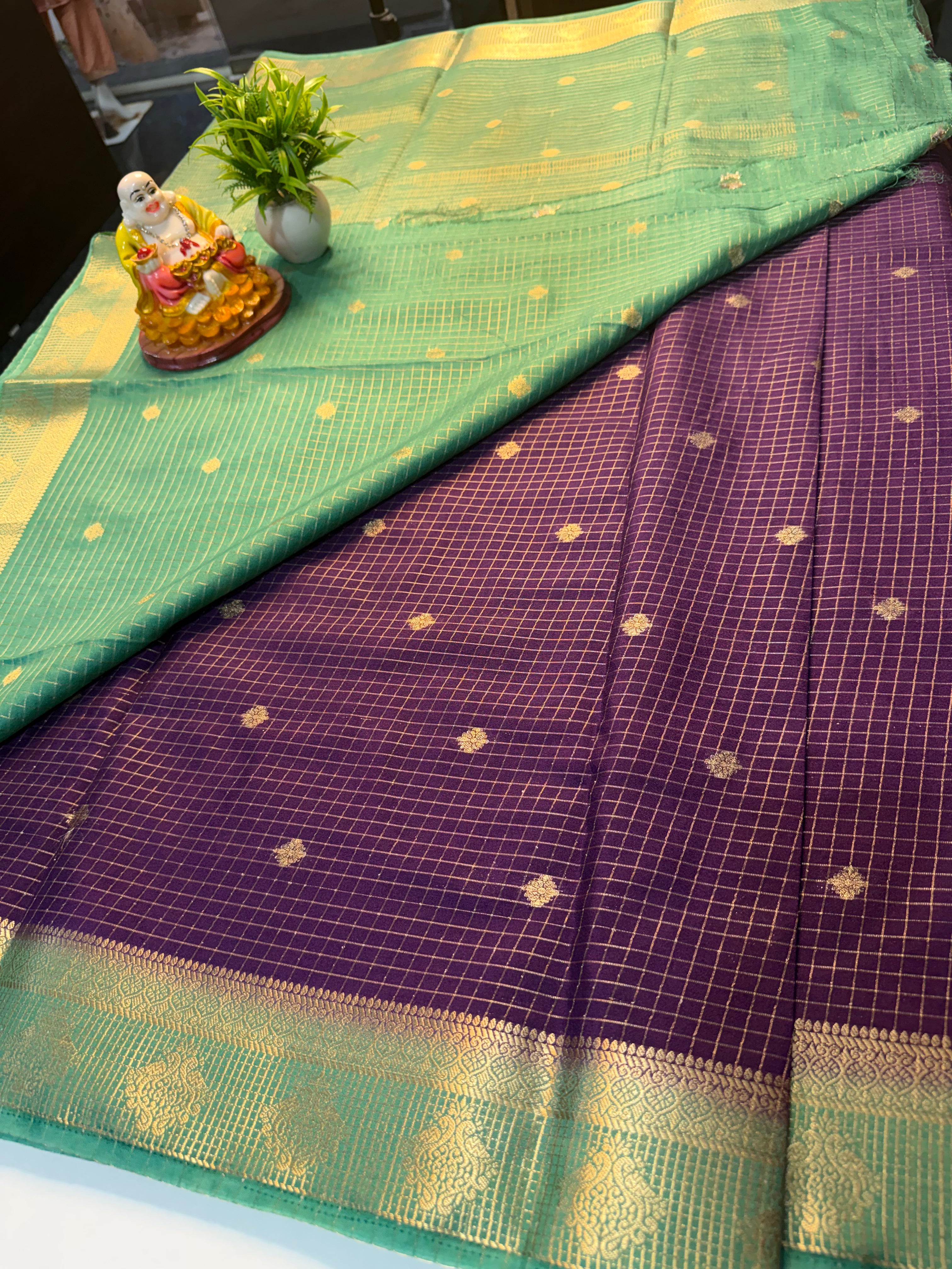 Mysore Crepe Silk Saree with Checks & Buttas