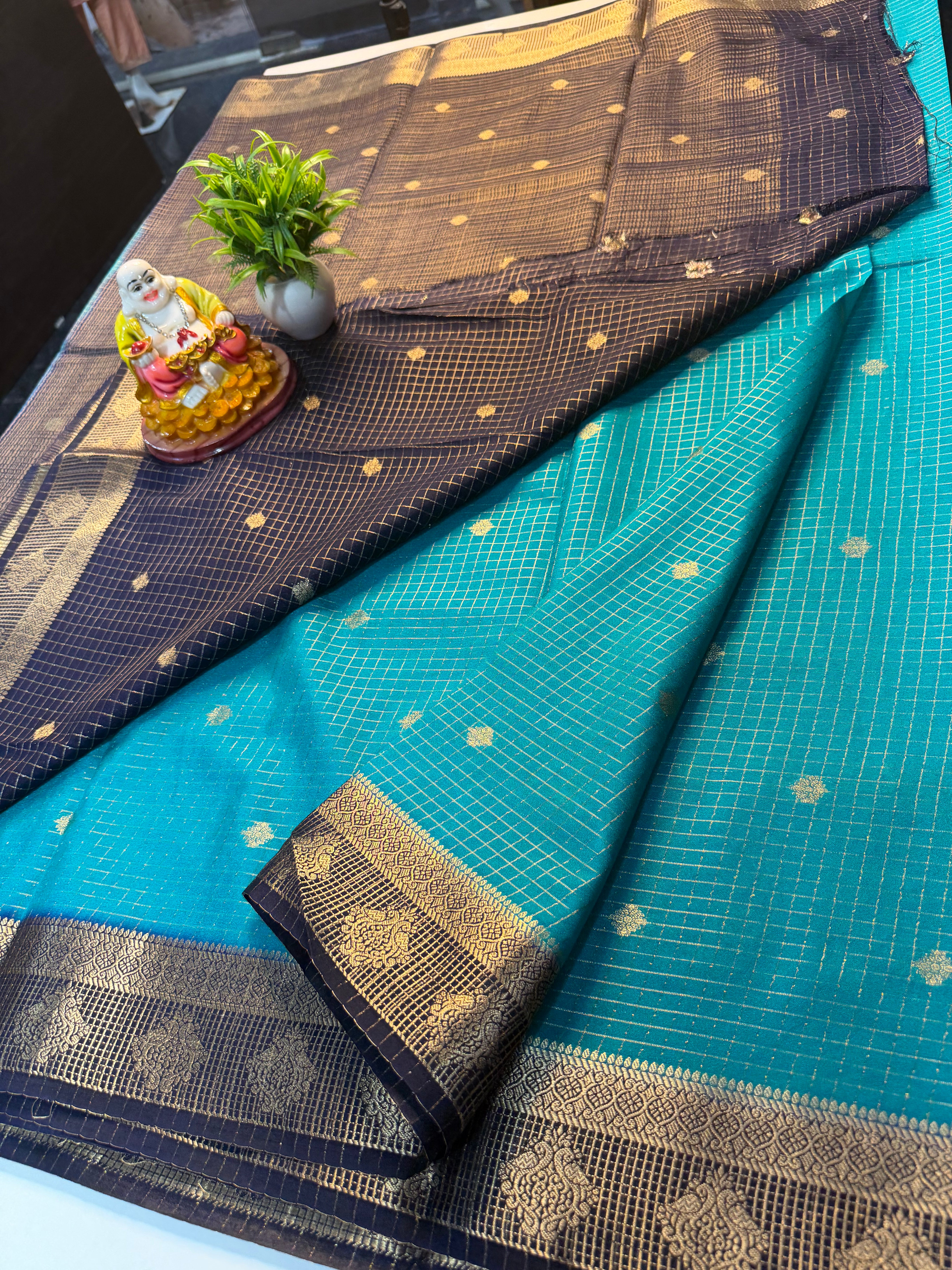 Mysore Crepe Silk Saree with Checks & Buttas