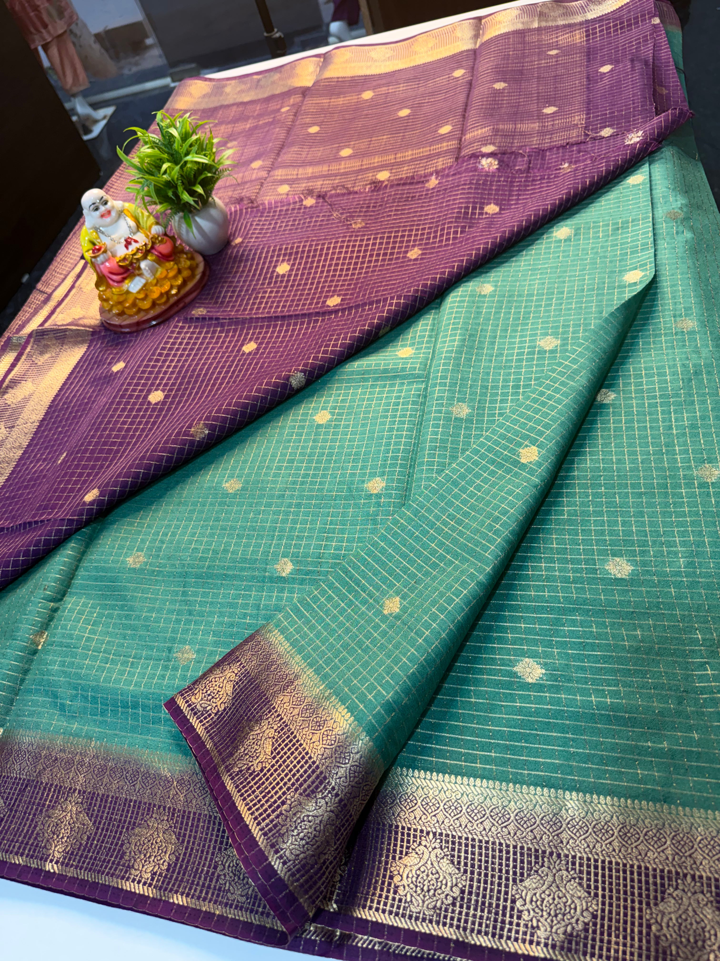 Mysore Crepe Silk Saree with Checks & Buttas