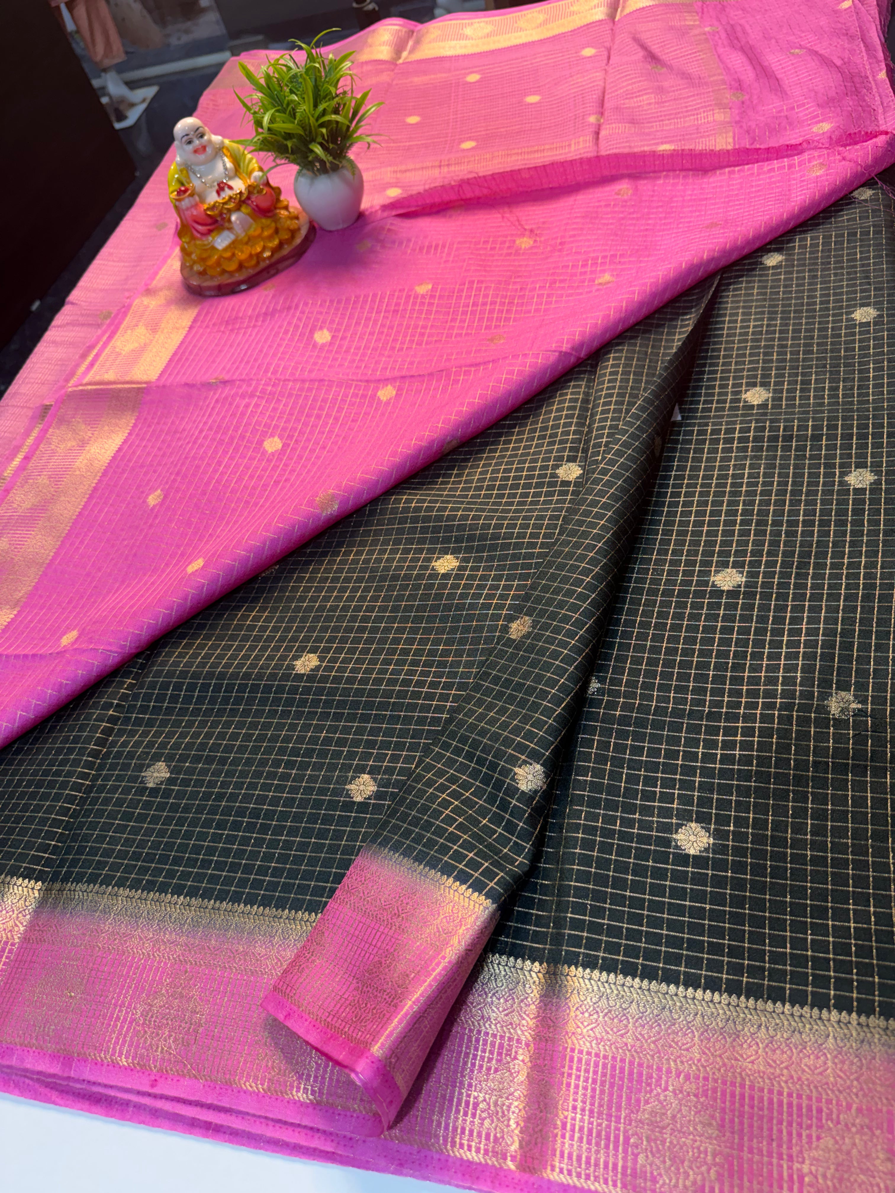 Mysore Crepe Silk Saree with Checks & Buttas