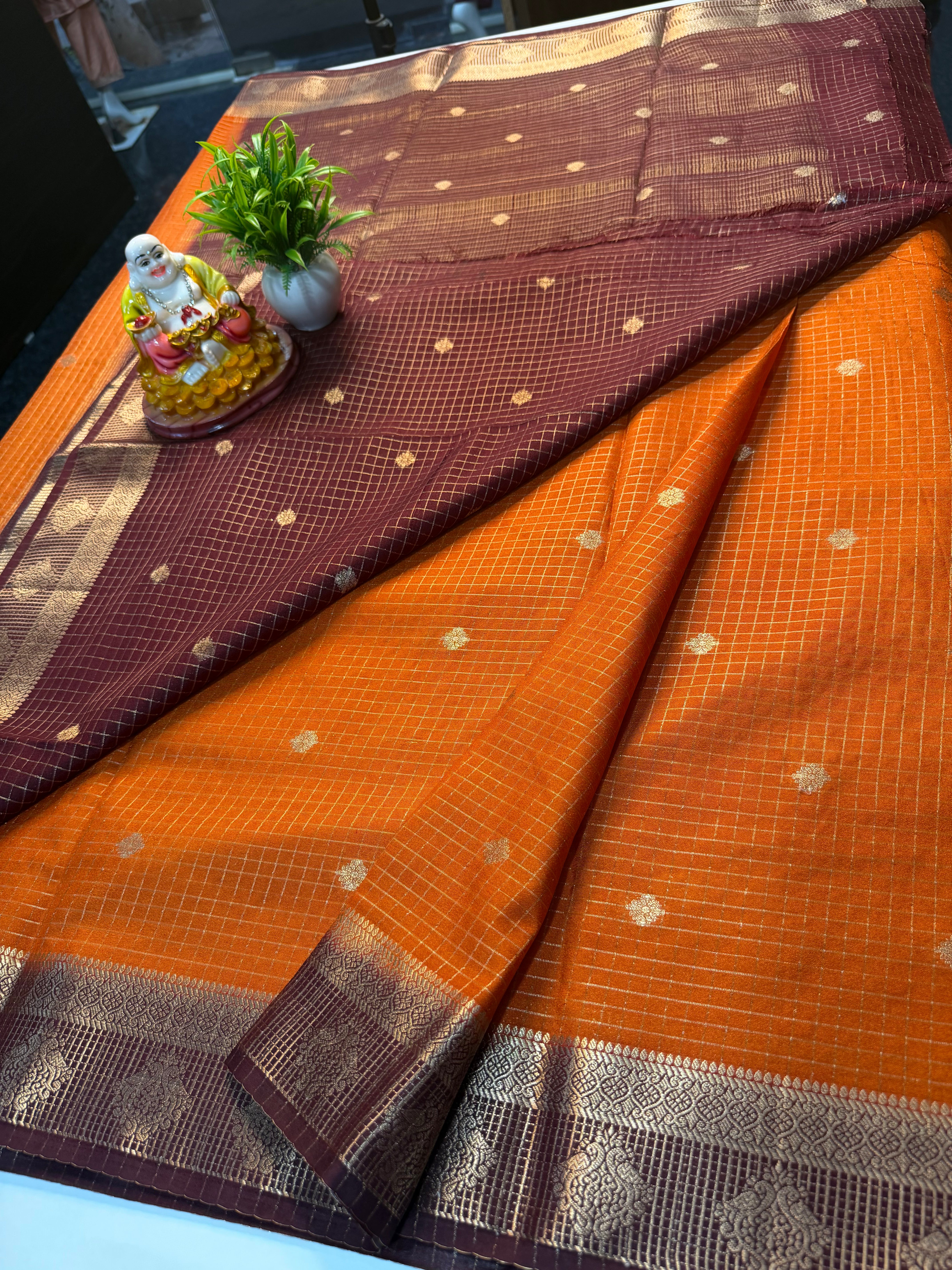Mysore Crepe Silk Saree with Checks & Buttas