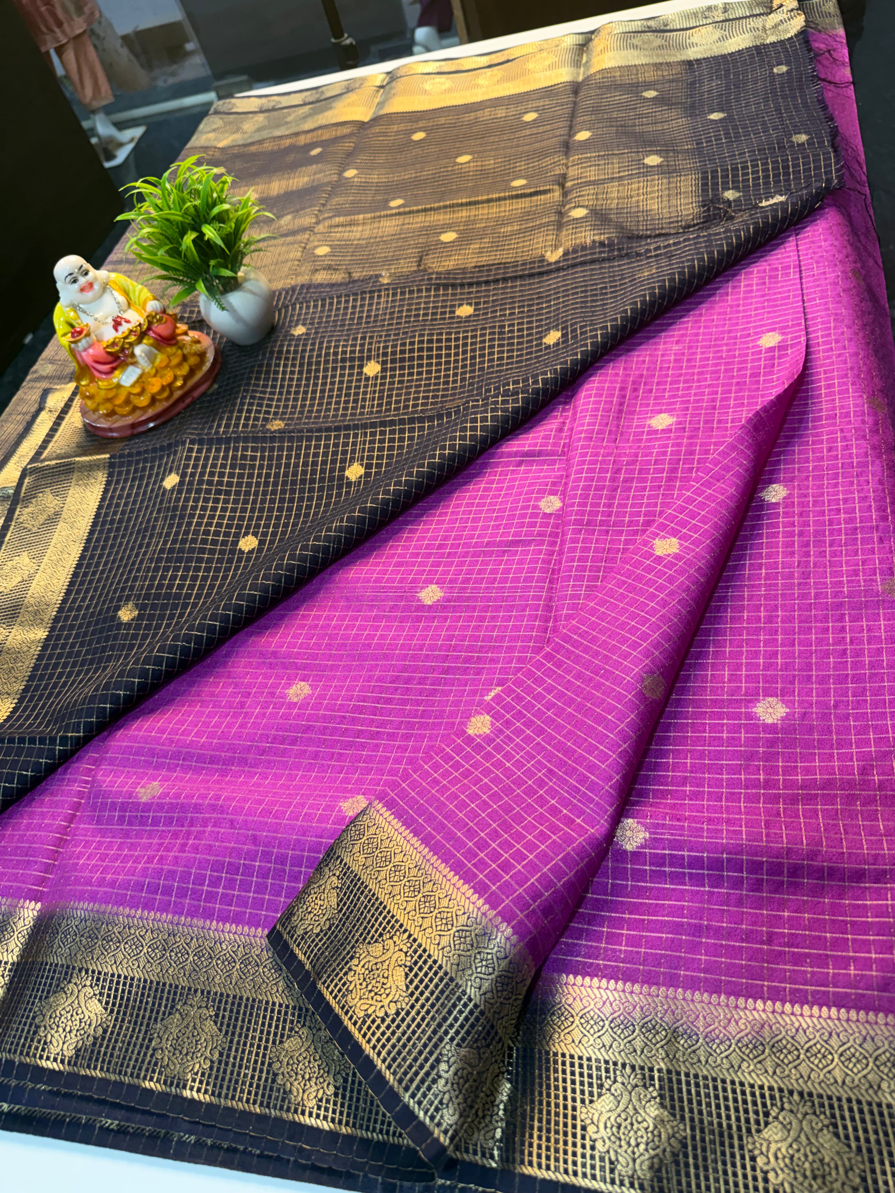 Mysore Crepe Silk Saree with Checks & Buttas