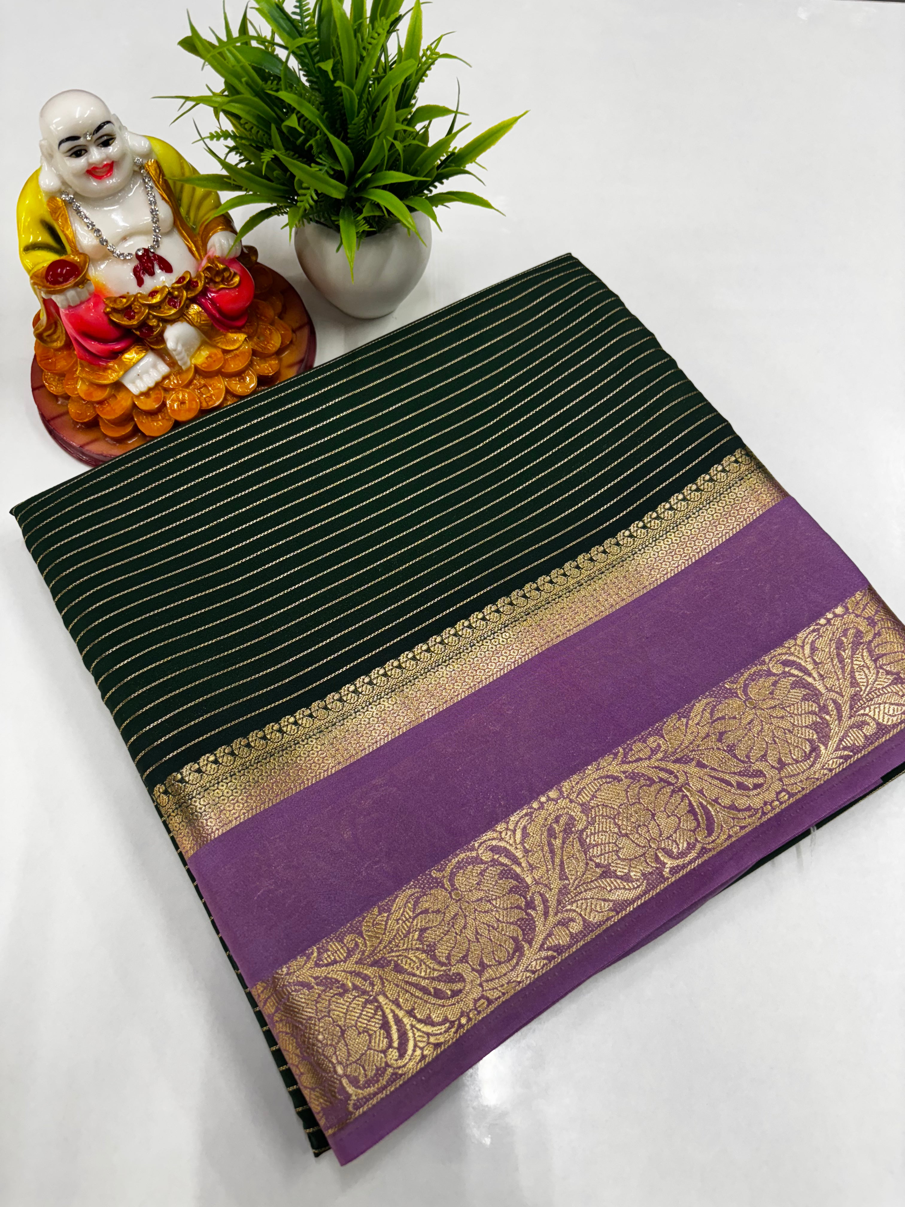 Mysore Crepe Silk Saree with Elegant Stripes, Bentex Border, Rich Pallu & Contrast Blouse