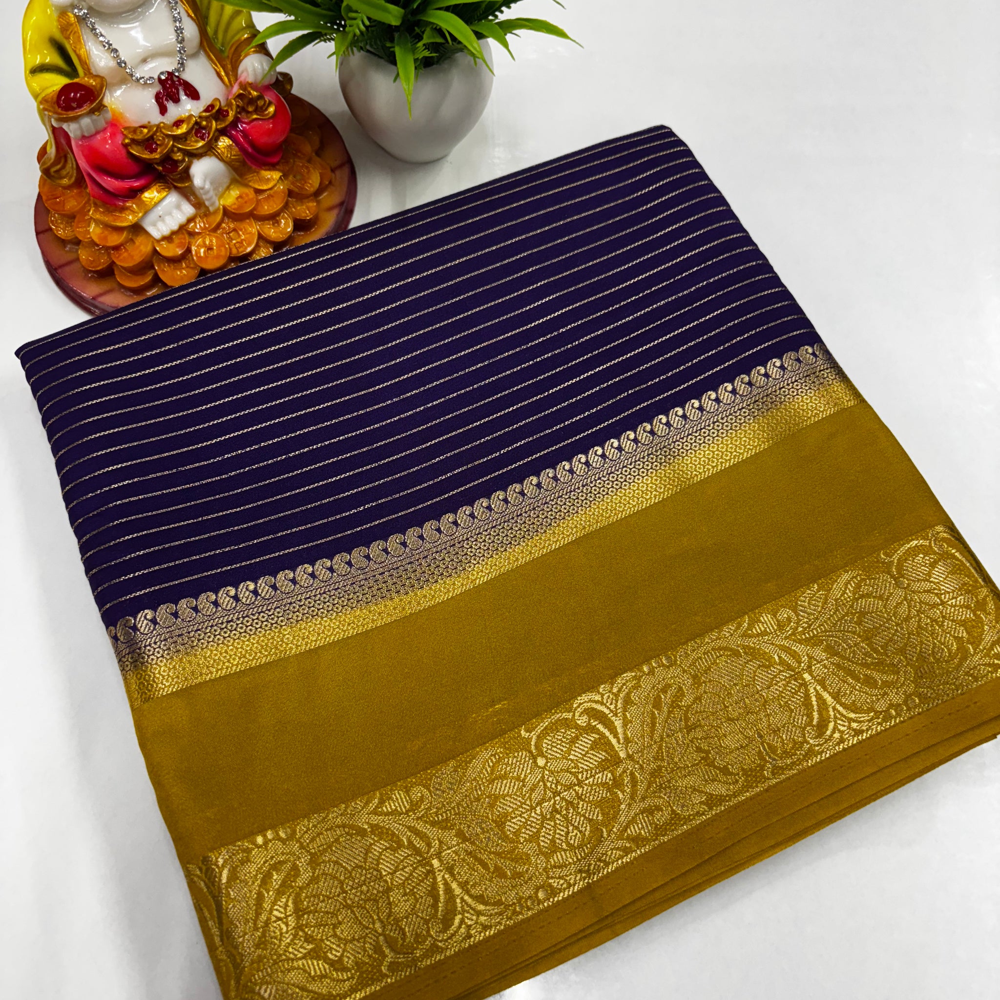 Mysore Crepe Silk Saree with Elegant Stripes, Bentex Border, Rich Pallu & Contrast Blouse
