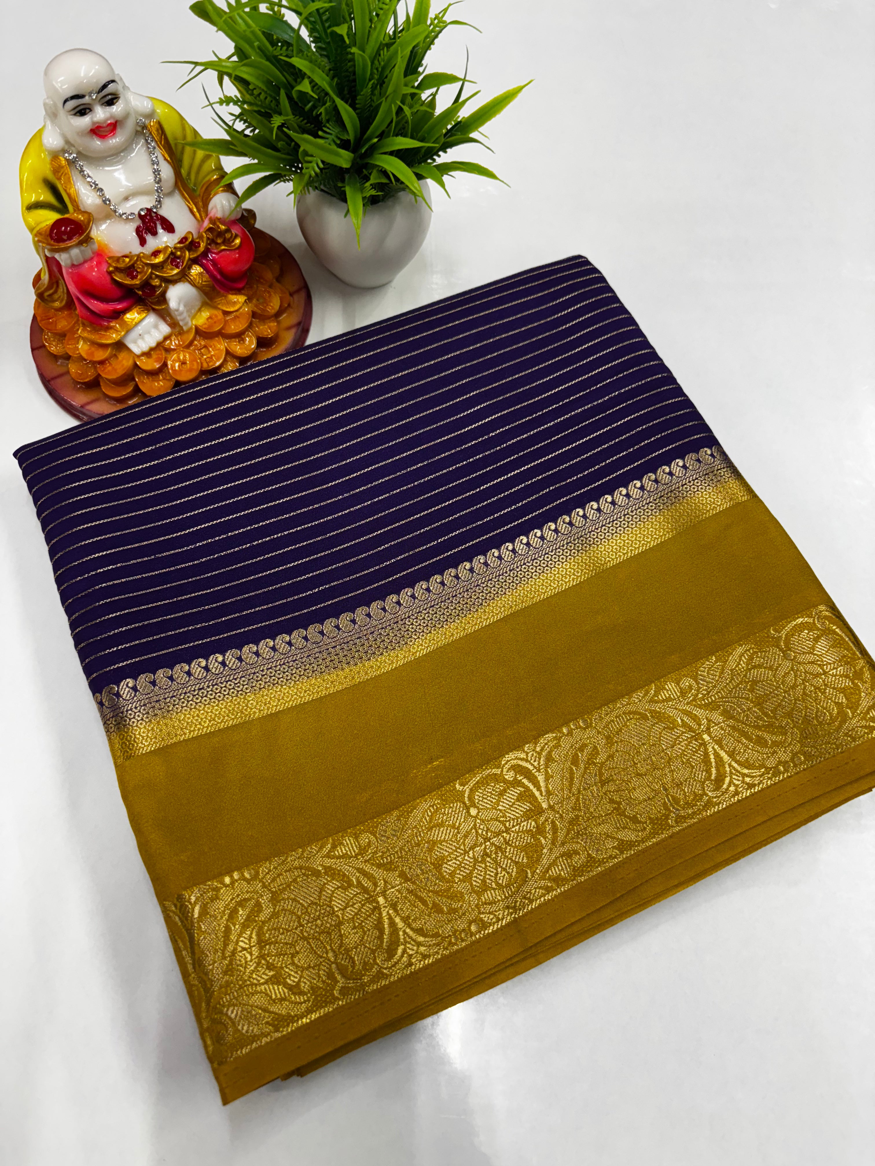 Mysore Crepe Silk Saree with Elegant Stripes, Bentex Border, Rich Pallu & Contrast Blouse