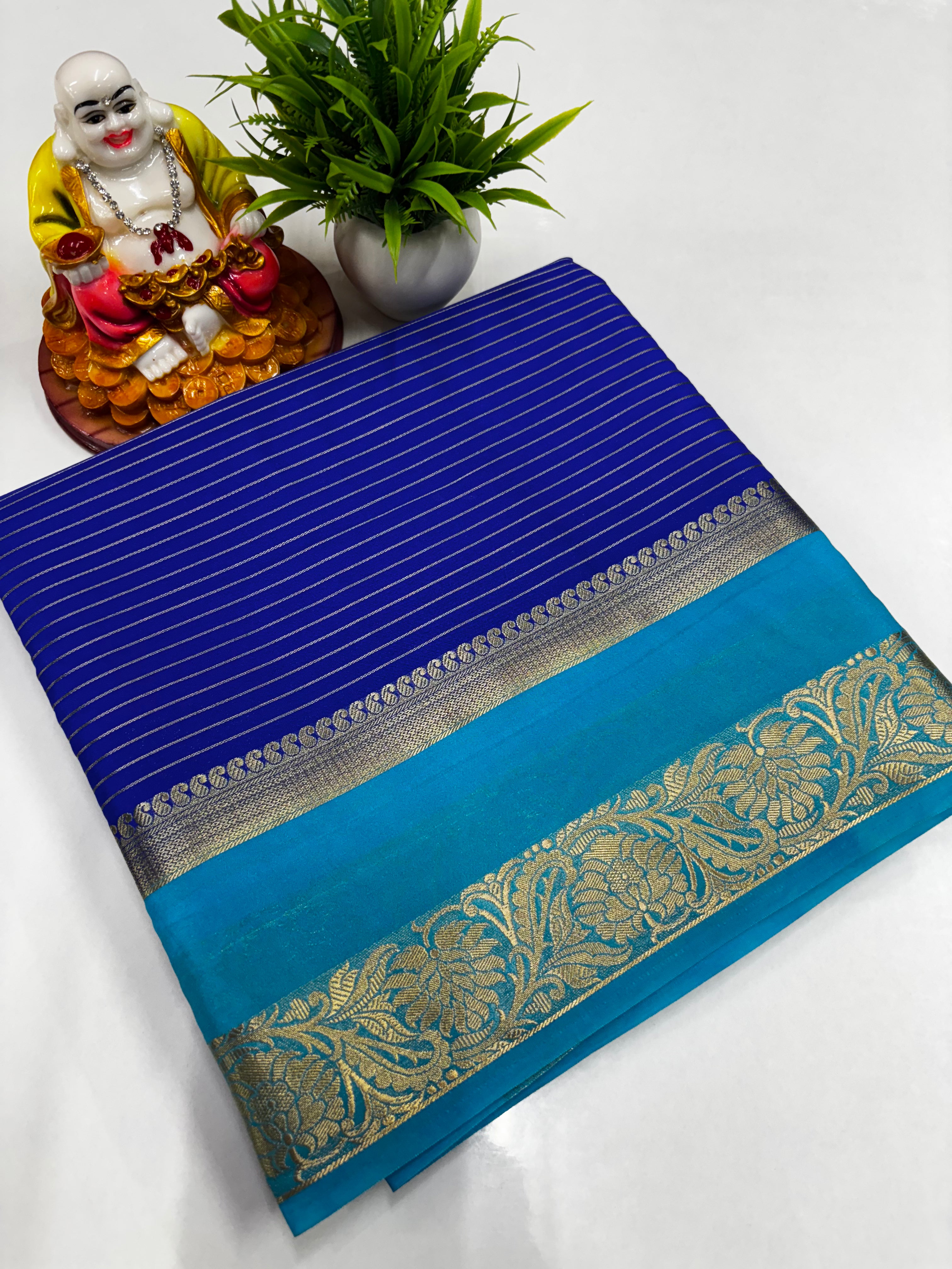 Mysore Crepe Silk Saree with Elegant Stripes, Bentex Border, Rich Pallu & Contrast Blouse