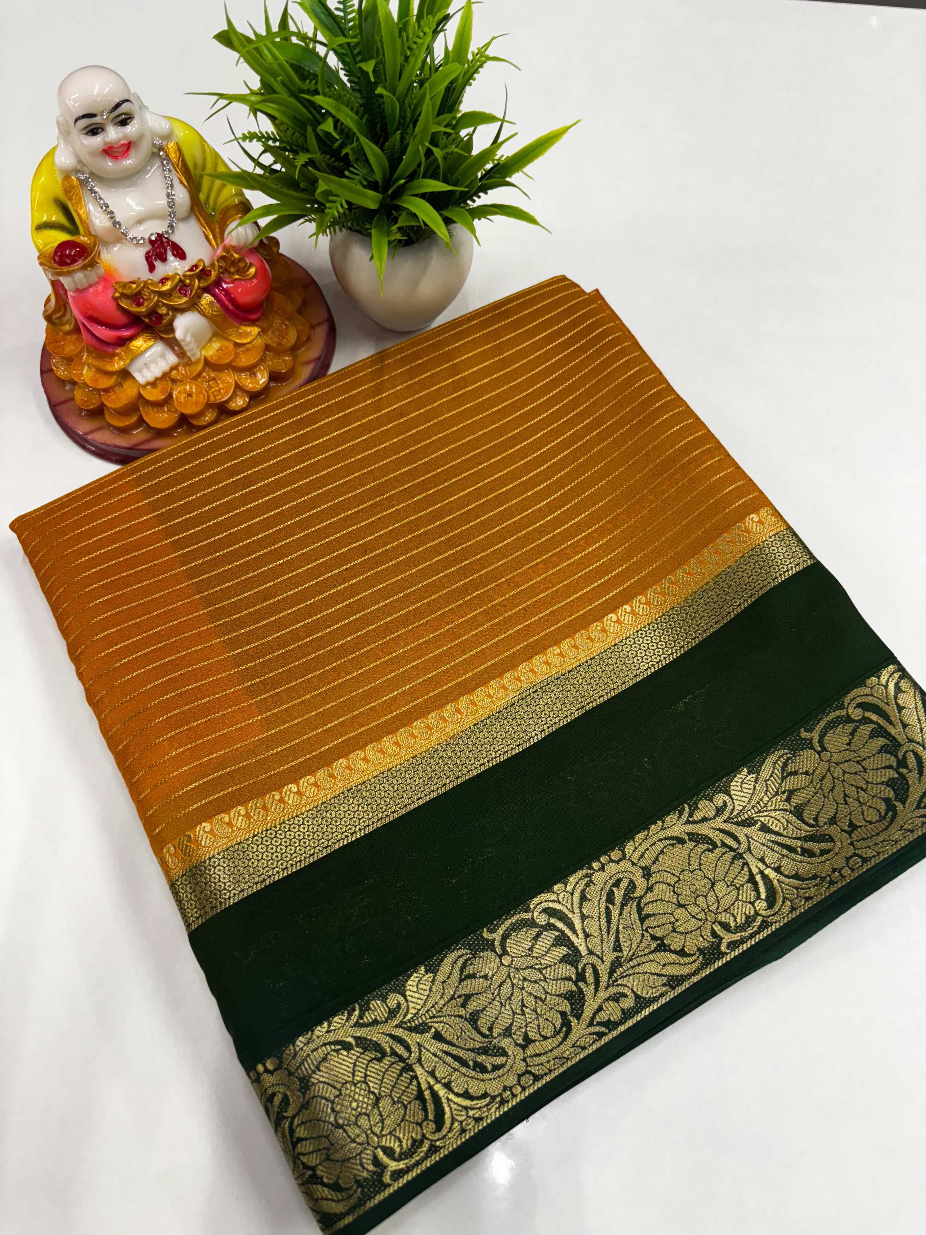 Mysore Crepe Silk Saree with Elegant Stripes, Bentex Border, Rich Pallu & Contrast Blouse