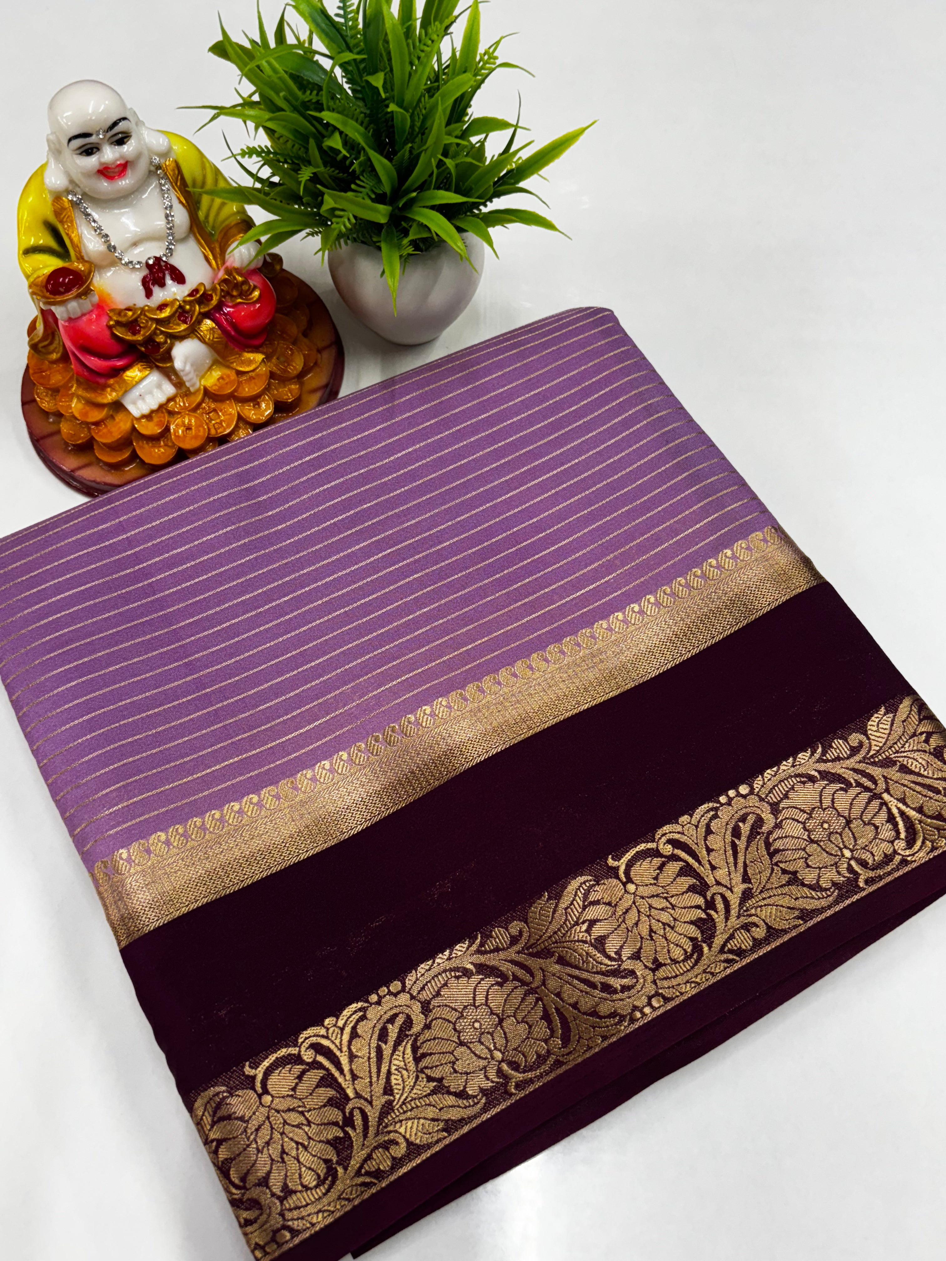 Mysore Crepe Silk Saree with Elegant Stripes, Bentex Border, Rich Pallu & Contrast Blouse