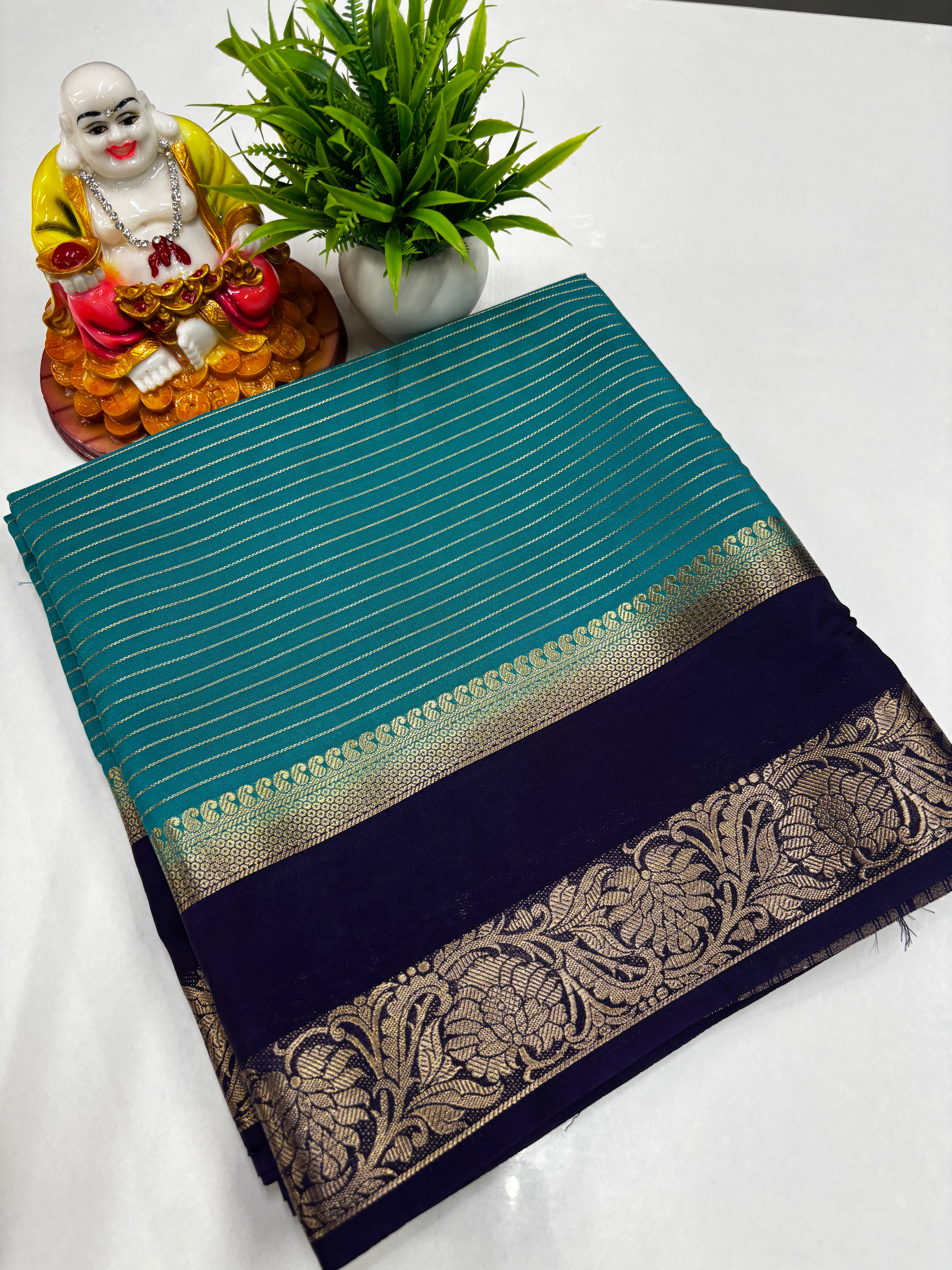 Mysore Crepe Silk Saree with Elegant Stripes, Bentex Border, Rich Pallu & Contrast Blouse