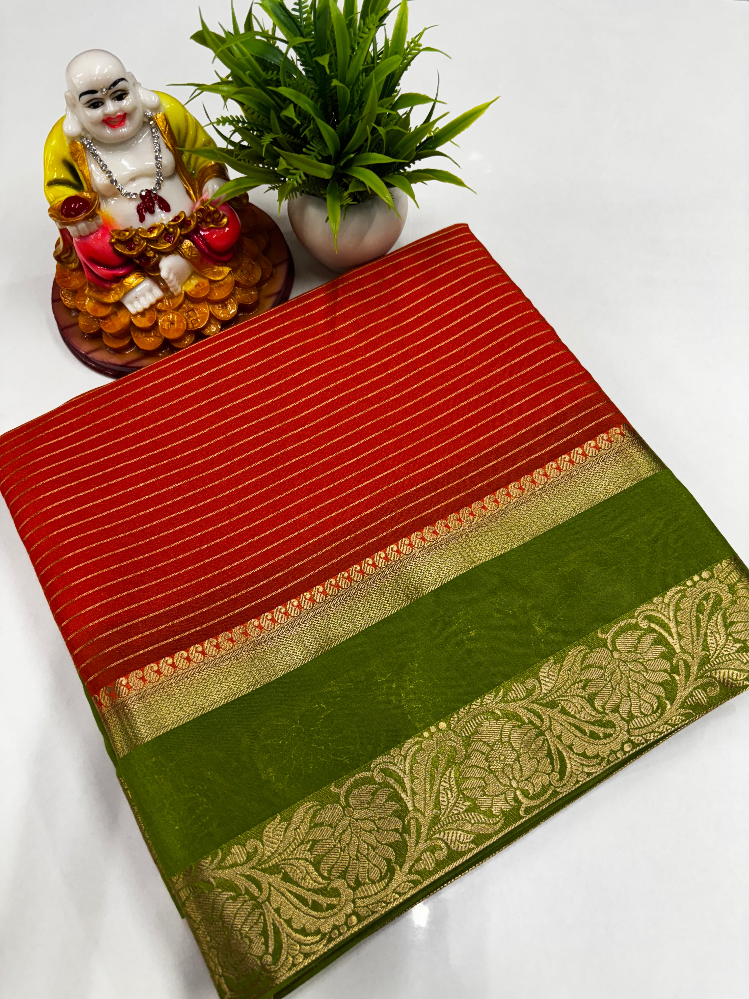 Mysore Crepe Silk Saree with Elegant Stripes, Bentex Border, Rich Pallu & Contrast Blouse