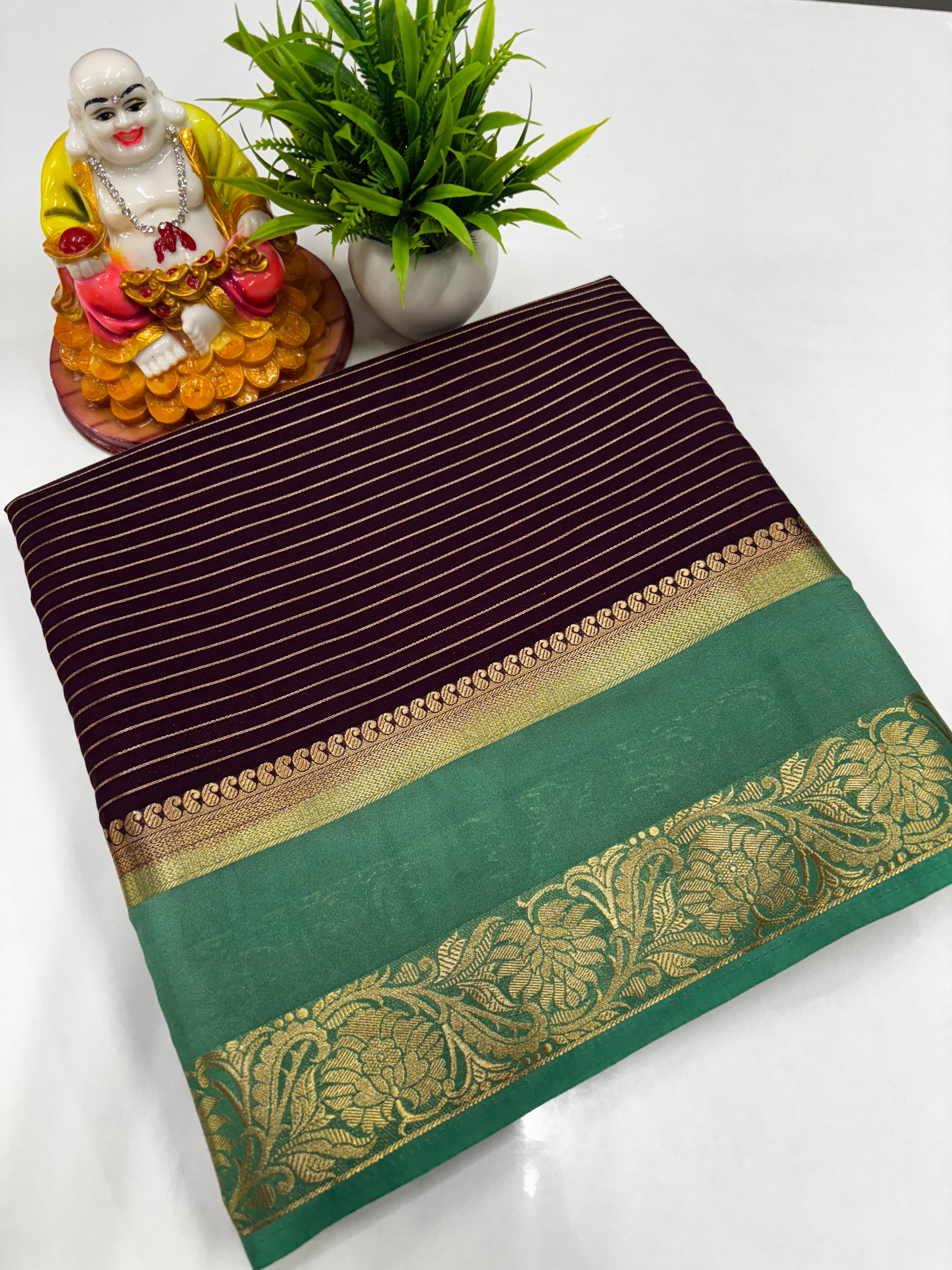 Mysore Crepe Silk Saree with Elegant Stripes, Bentex Border, Rich Pallu & Contrast Blouse