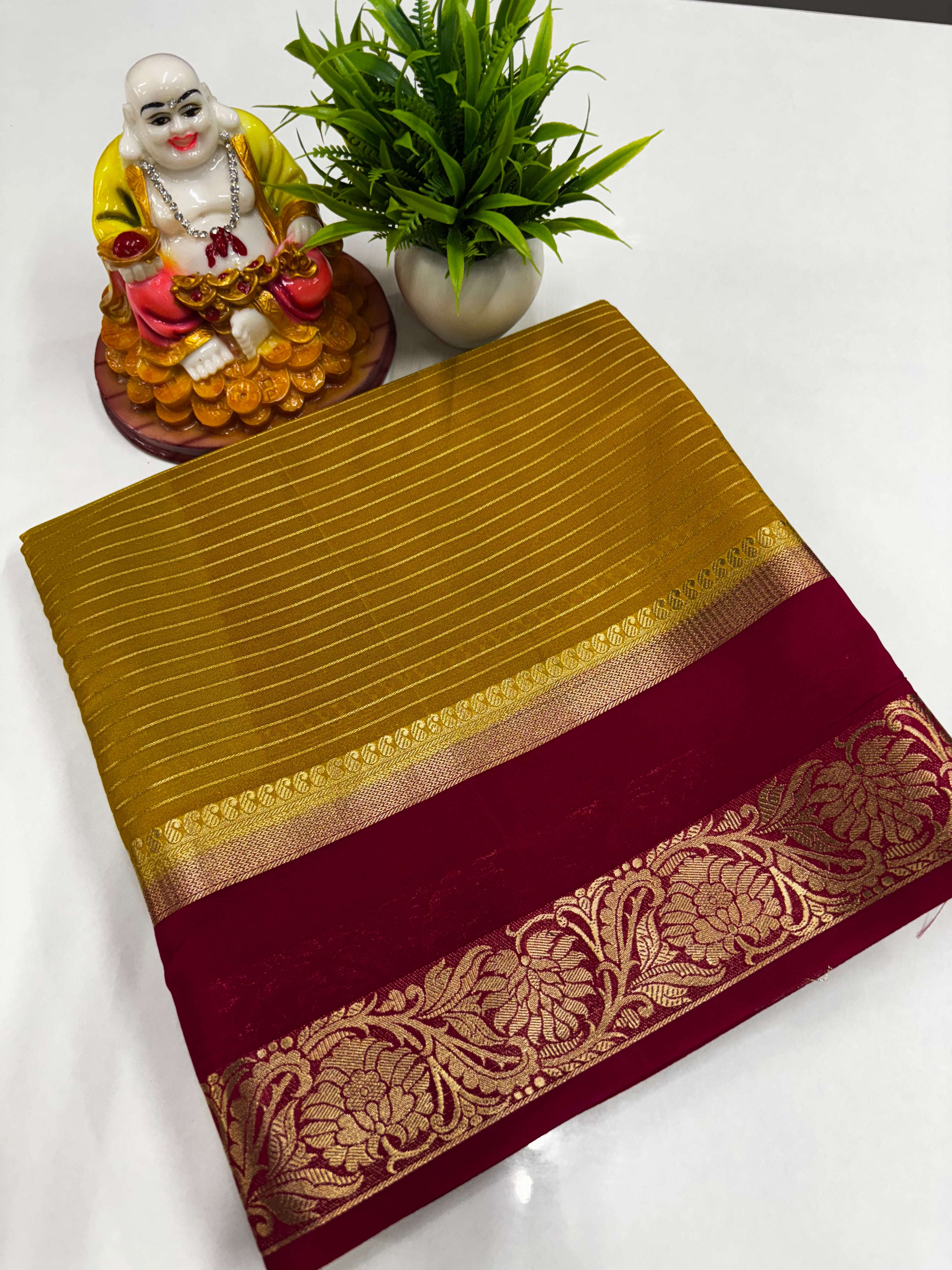 Mysore Crepe Silk Saree with Elegant Stripes, Bentex Border, Rich Pallu & Contrast Blouse