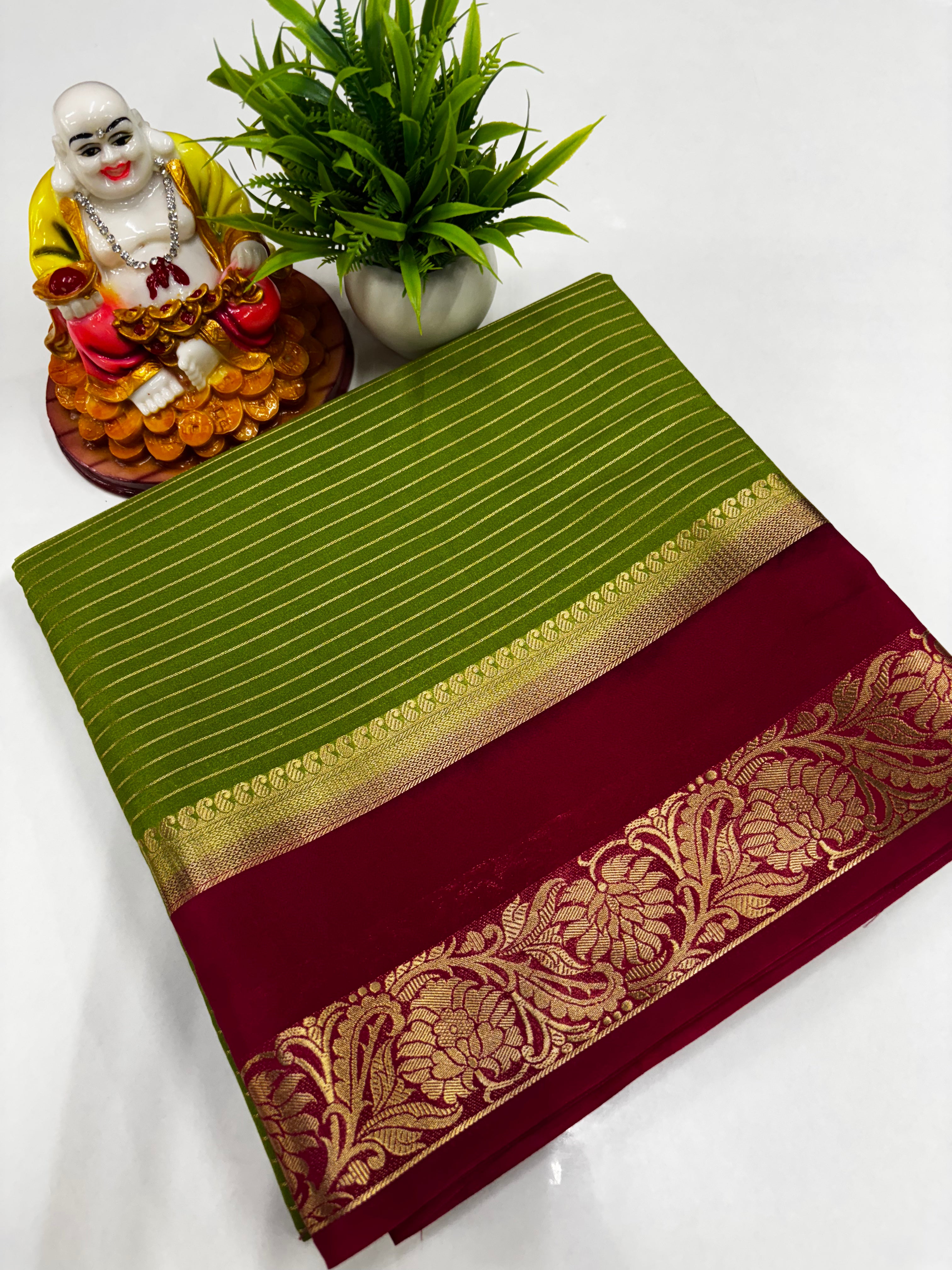 Mysore Crepe Silk Saree with Elegant Stripes, Bentex Border, Rich Pallu & Contrast Blouse