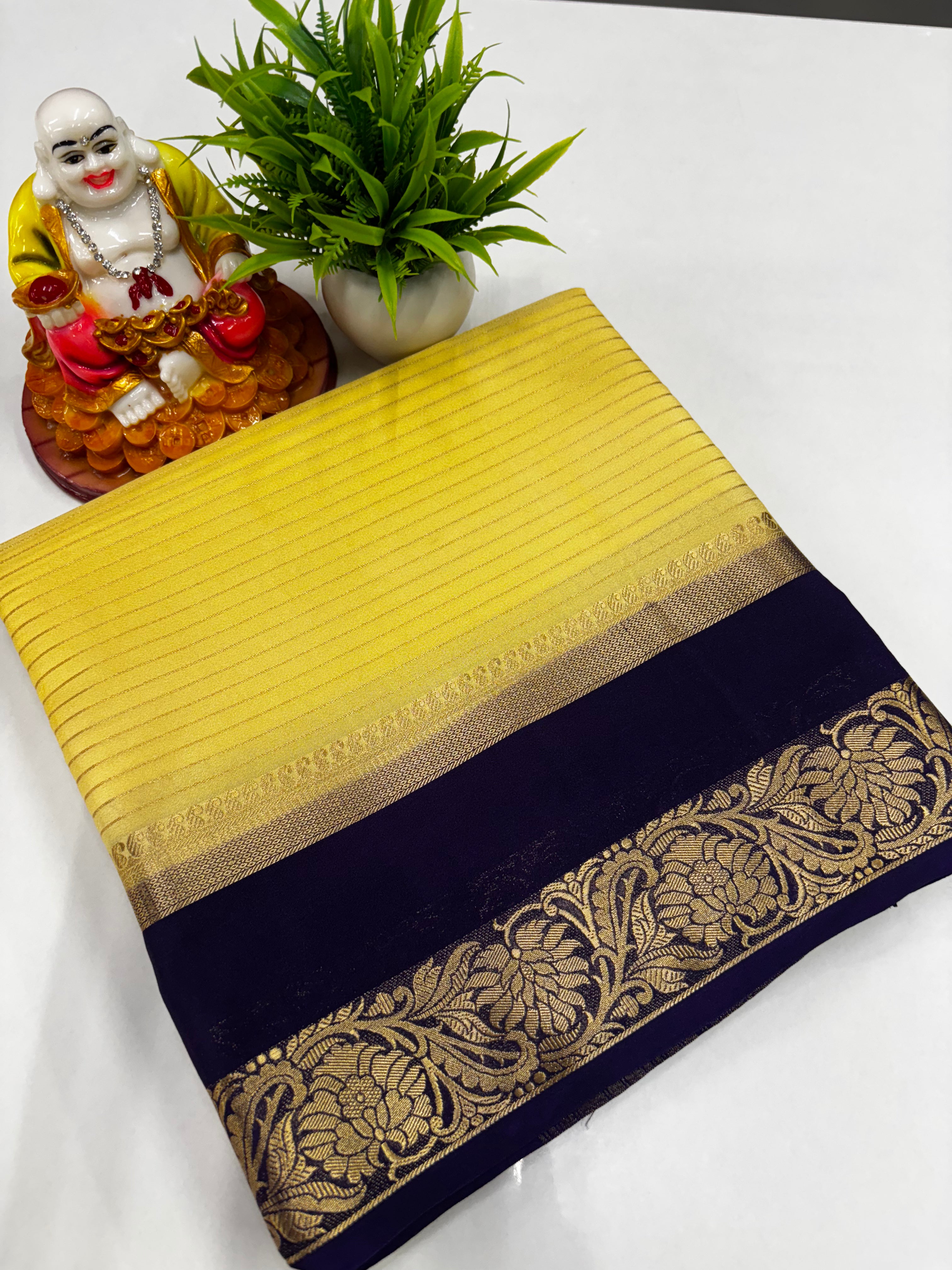 Mysore Crepe Silk Saree with Elegant Stripes, Bentex Border, Rich Pallu & Contrast Blouse