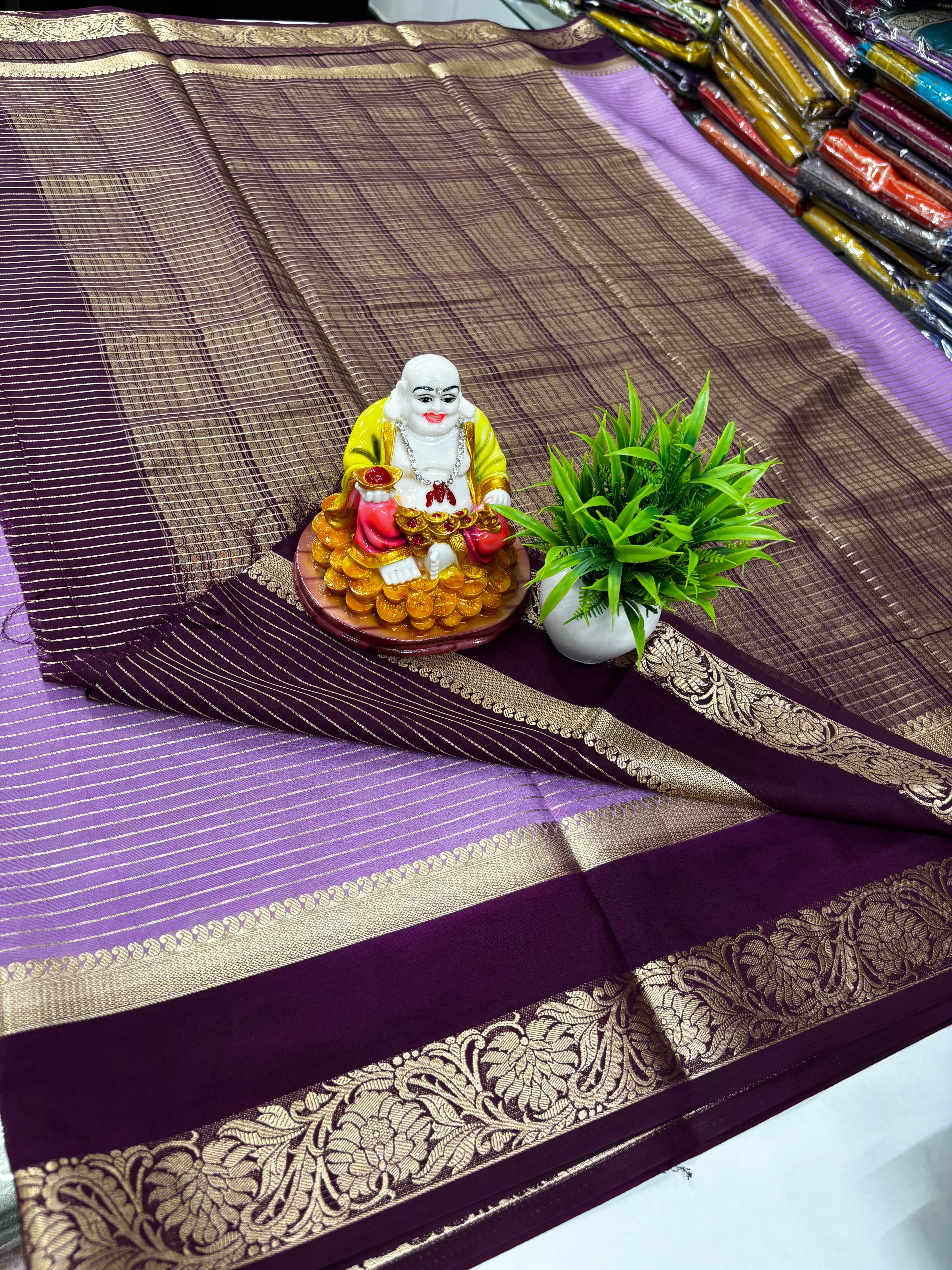 Mysore Crepe Silk Saree with Elegant Stripes, Bentex Border, Rich Pallu & Contrast Blouse