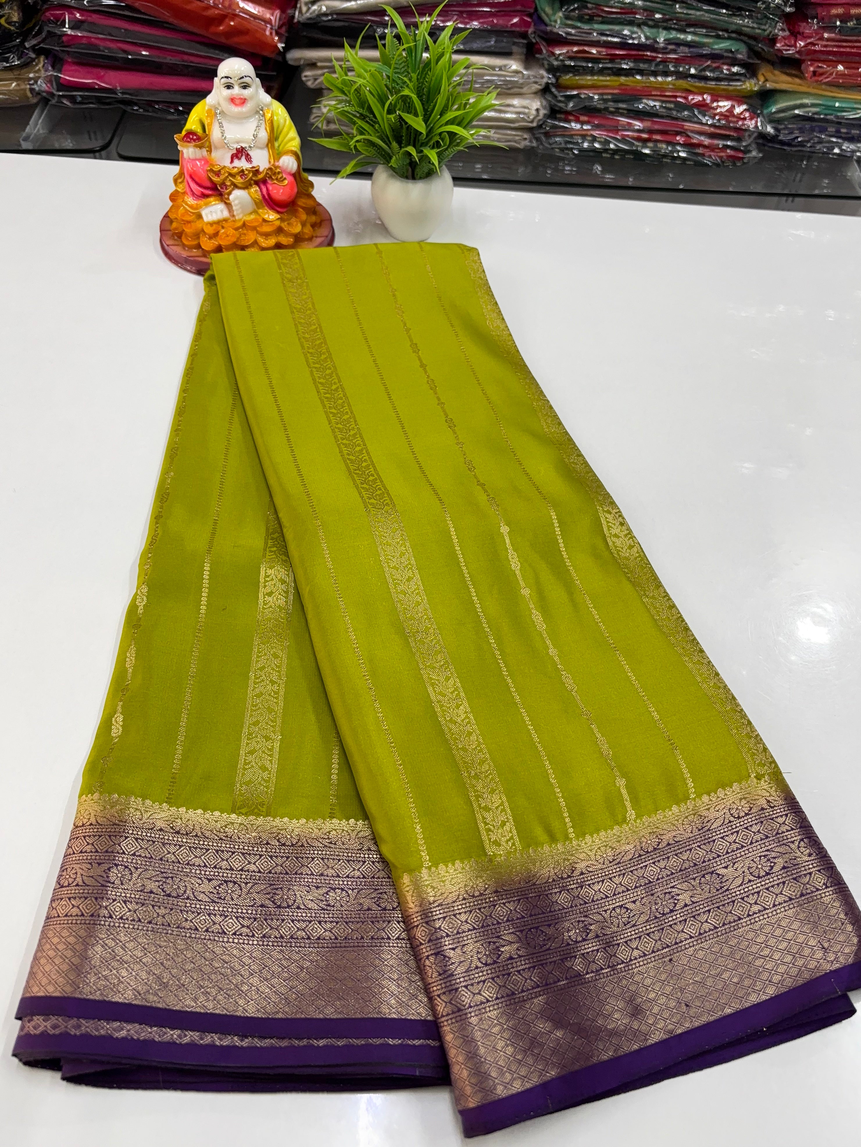 Premium Mysore Crepe Silk Saree with Golden Zari Stripes – By Padmavathi Silks and Sarees