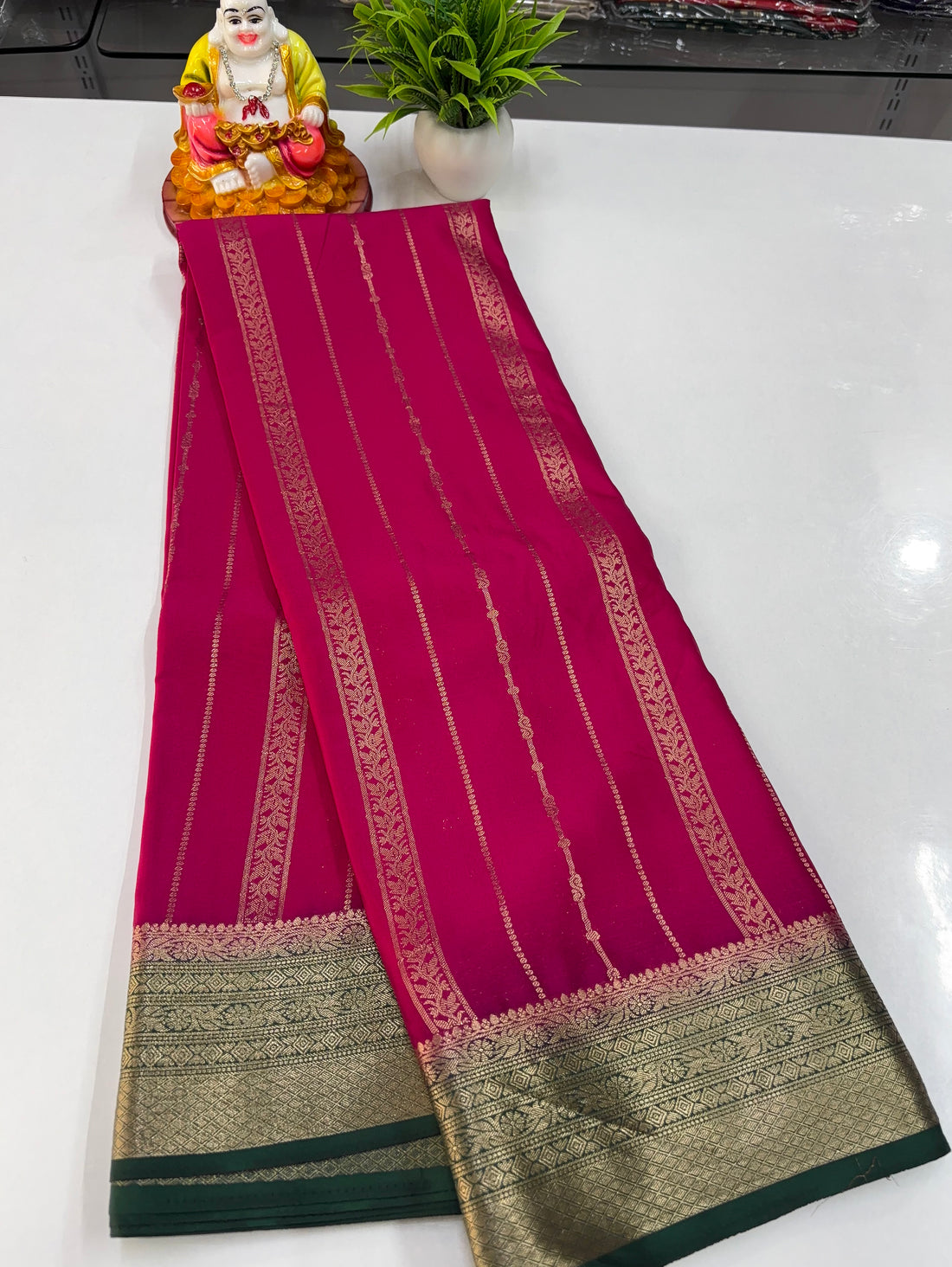 Premium Mysore Crepe Silk Saree with Golden Zari Stripes – By Padmavathi Silks and Sarees