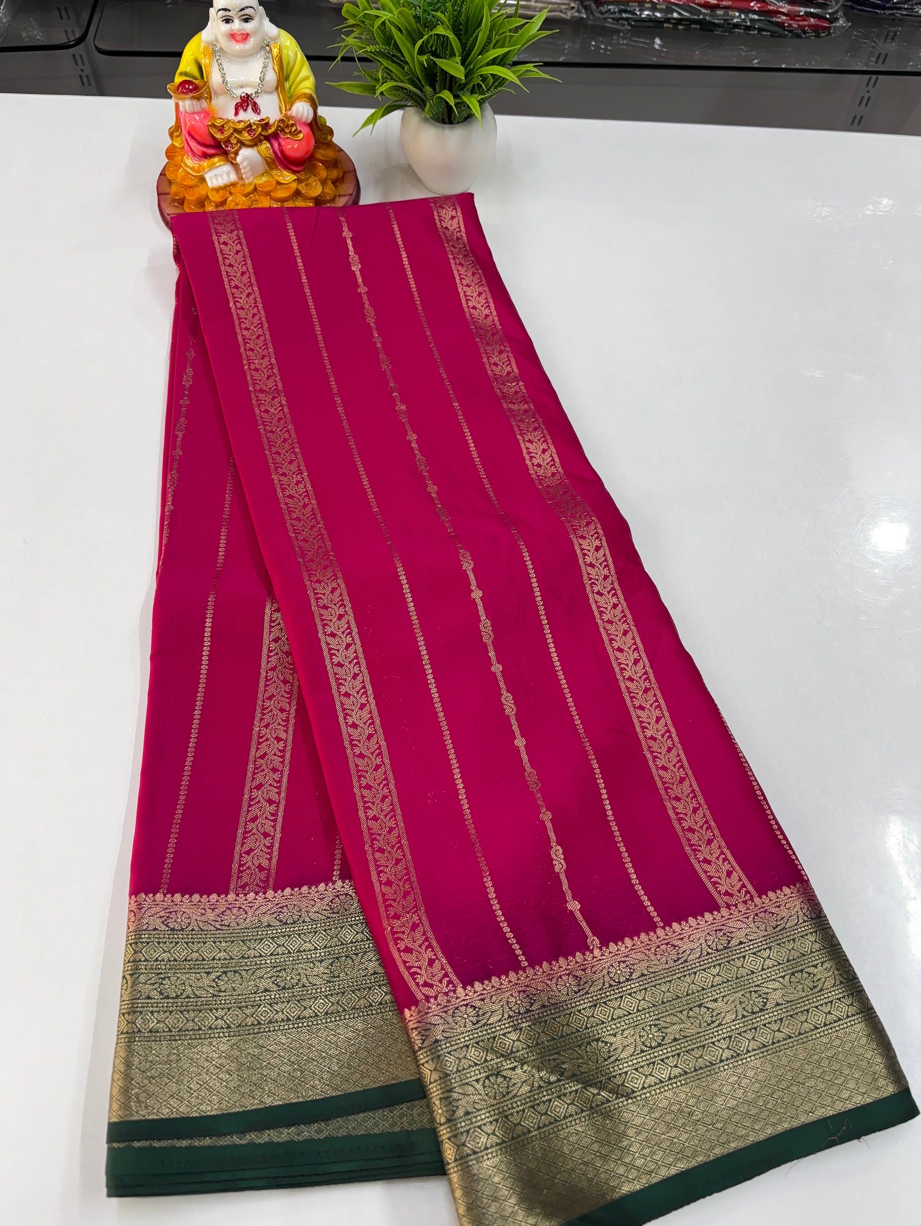 Premium Mysore Crepe Silk Saree with Golden Zari Stripes – By Padmavathi Silks and Sarees